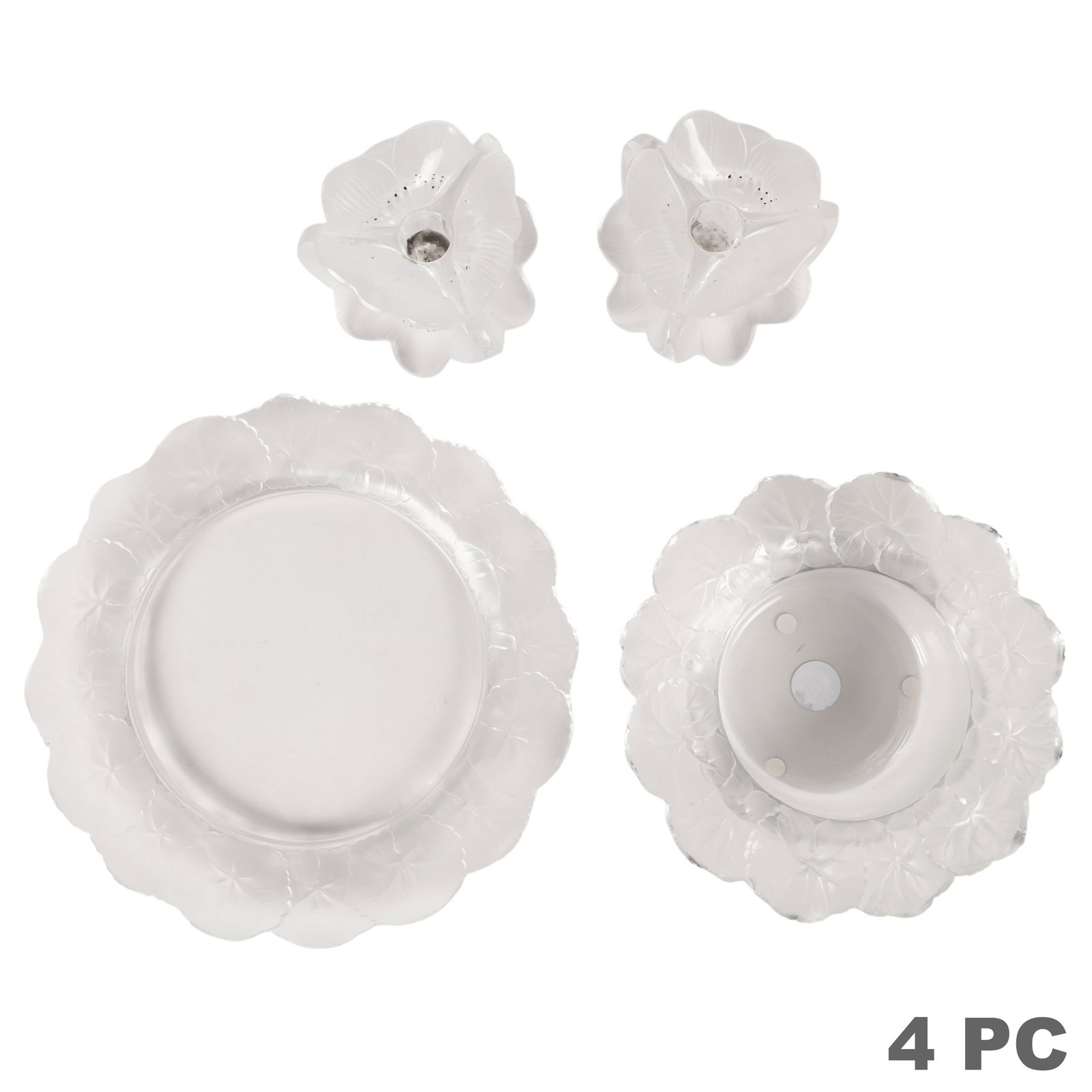 Lalique Honfleur Plates & Anemone Candleholder LOT: Three-piece lot of French Lalique crystal including one Honfleur pattern plate, one matching bowl, and a pair of Three Anemones candleholders, all featuring frosted floral motifs with finely detailed 