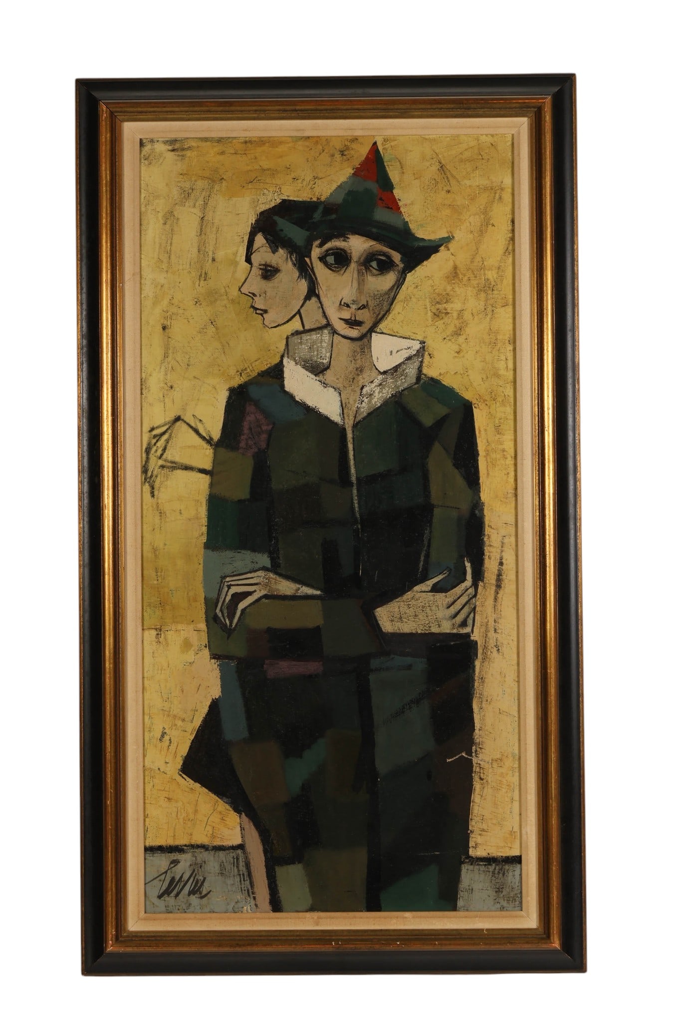Charles Levier 1920-2003 The Harlequins Painting: Charles Levier (French,1920-2003) oil on canvas painting titled Le Clown, depicting two stylized harlequin figures rendered in Leviers signature modernist manner. The composition features elongated fo