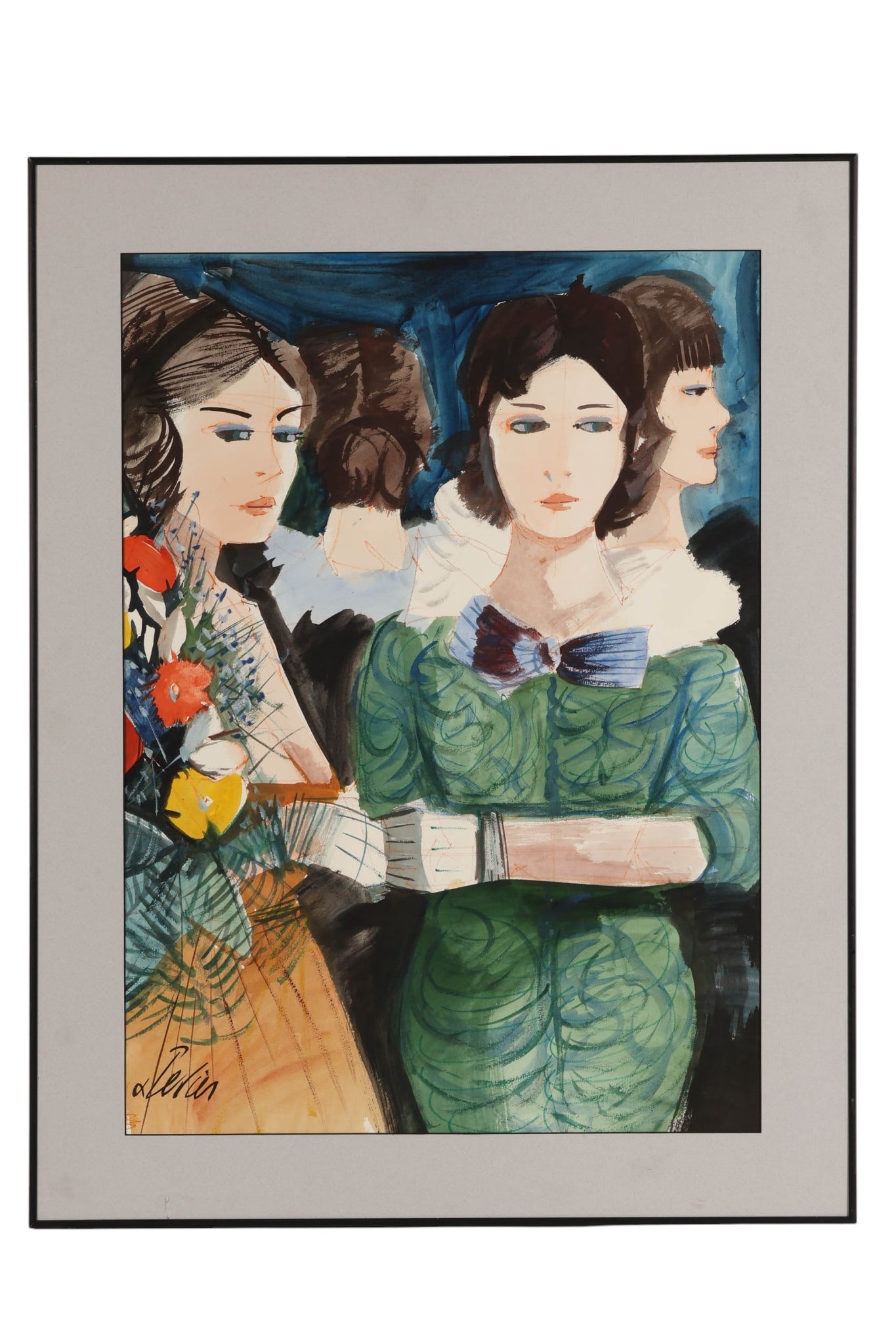 Charles Levier 1920-2003 Girls Watercolor Painting: Charles Levier (French, 1920-2003), watercolor on paper depicting a stylized composition of four women rendered in the artists signature expressive manner with elongated features and bold color accent