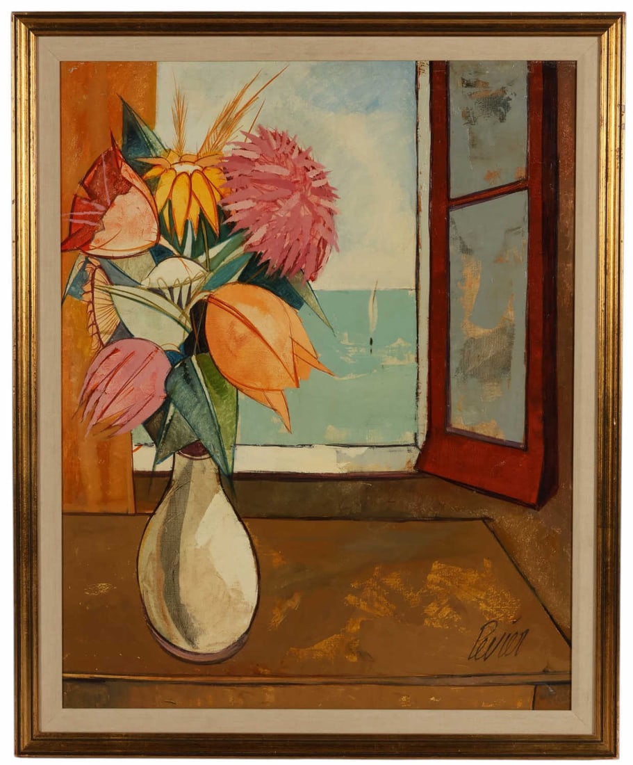 Charles Levier 1920-2003 Flower Scene Oil Painting: Charles Levier (French, 1920-2003) oil on canvas painting titled Fleur, depicting a vibrant still life of tulips arranged in a vase set beside an open window overlooking a coastal seascape. The compos