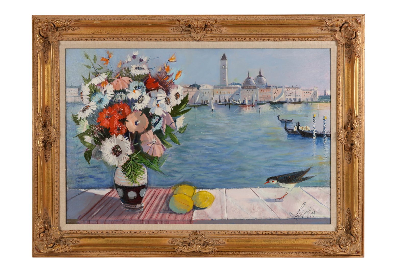 Charles Levier 1920-2003 Venice Flowers Painting: Charles Levier (French, 1920-2003), oil on canvas painting titled Fleur Sur Venise, depicting a vibrant still life of flowers in a vase with lemons in the foreground, set against a Venetian waterfront