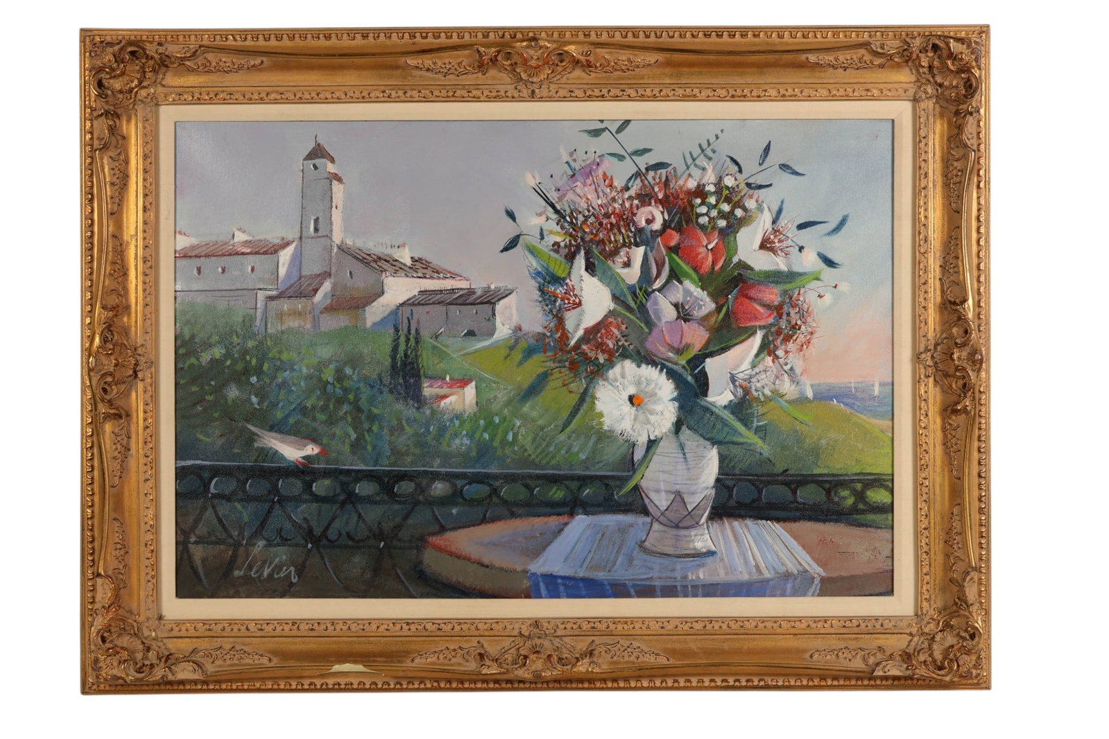 Charles Levier 1920-2003 Beach Flower Oil Painting: Charles Levier (French,1920-2003), oil on canvas painting titled Fleur Sauvage, depicting a vibrant still life of anemones arranged in a vase set before a coastal harbor landscape. The composition fea