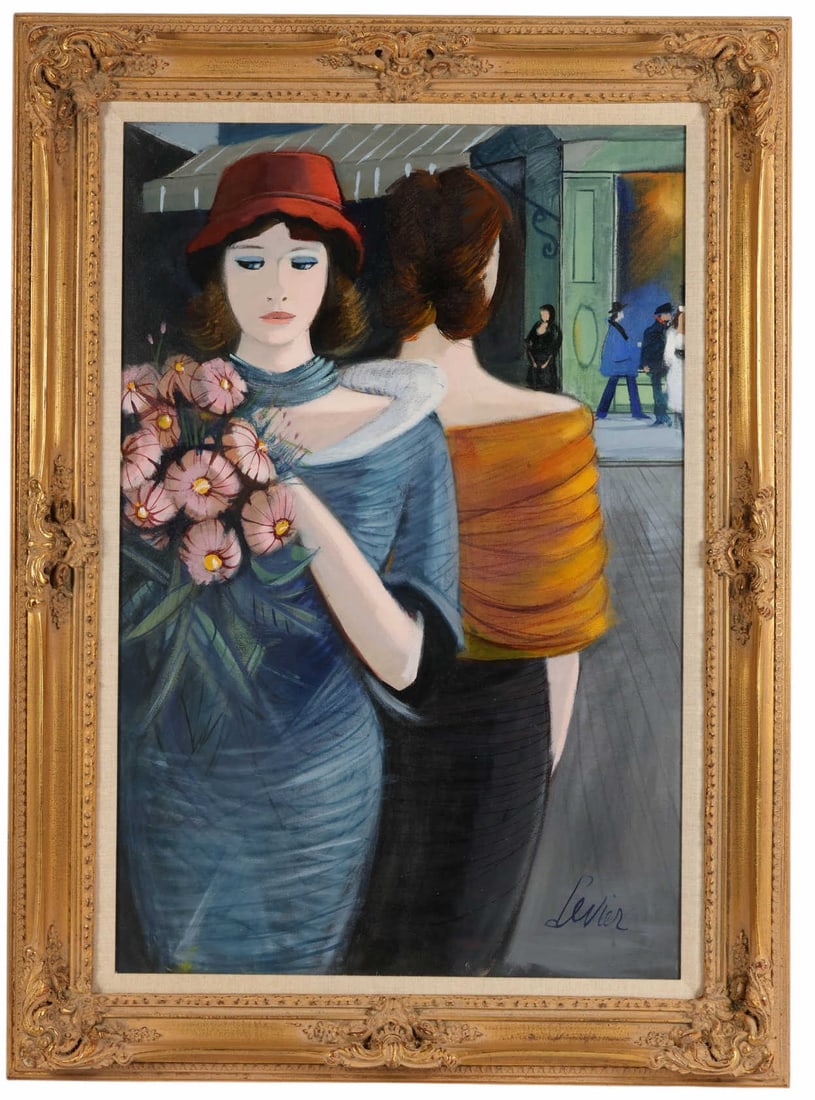 Charles Levier 1920-2003 After Dinner Oil Painting: Charles Levier (French,1920-2003), Apres Diner, oil on canvas depicting two elegantly dressed women in a stylized interior scene. One figure, wearing a red hat and holding a bouquet of flowers, faces 