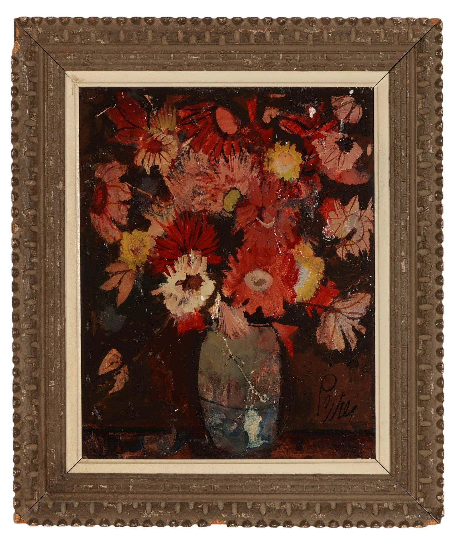 Charles Levier 1920-2003 Red Still Life Painting: Charles Levier (French,1920-2003), oil on masonite board depicting a still life arrangement of flowers in a vase set against a dark background. The composition features expressive brushwork and a bold