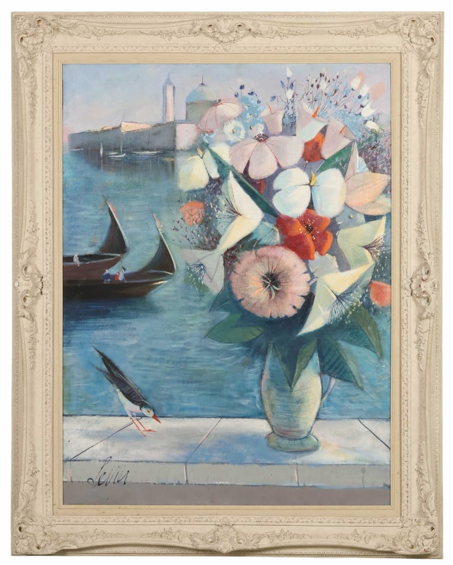 Charles Levier 1920-2003 Venetian Flowers Painting: Charles Levier (French,1920-2003), Fleur Sur Venise, oil on canvas depicting a still life of flowers arranged in a vase set before a Venetian harbor scene with gondolas and architectural elements in t