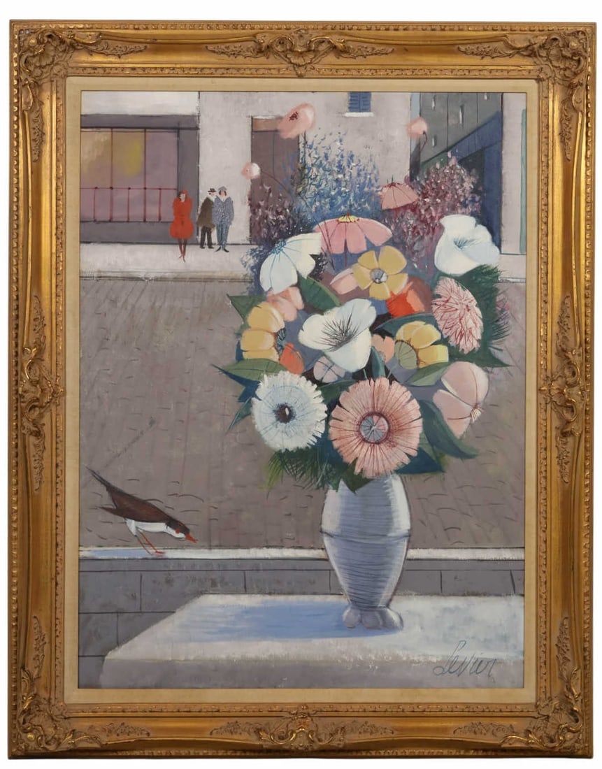 Charles Levier 1920-2003 On The Street Painting: Charles Levier (French, born 1920 - 2003), Sur la Rue, oil on canvas, depicting a stylized bouquet of flowers in a vase set before a Parisian street scene with figures, umbrellas, and architectural el