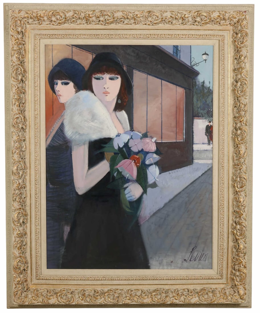 Charles Levier 1920-2003 Dans La Rue Oil Painting: Charles Levier (American, 1920-2003), Dans La Rue, oil painting on canvas depicting a figural street scene with two elegantly dressed women in a Parisian setting, one holding a bouquet of flowers. The