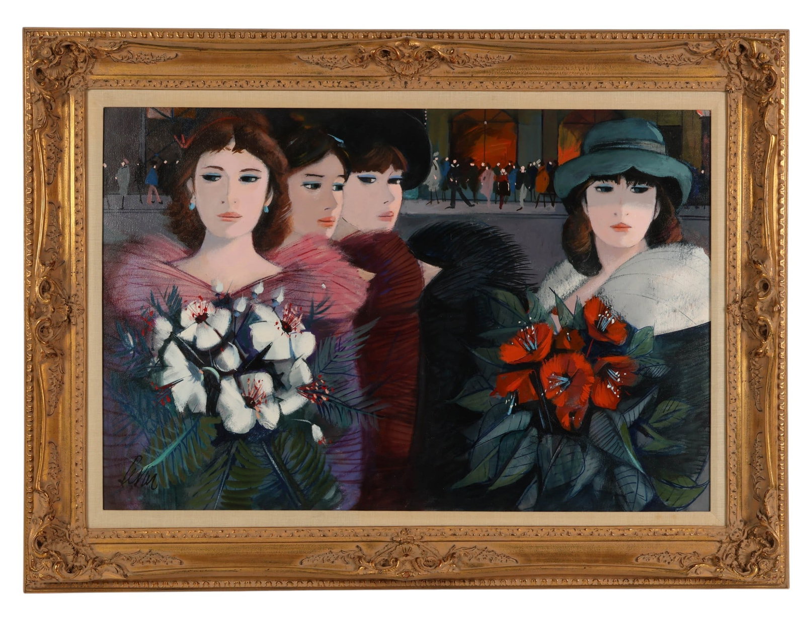 Charles Levier 1920-2003 Dancers Exit Oil Painting: Charles Levier (French,born 1920 - 2003), Sortie des Danseuses, oil on canvas, depicting four elegantly dressed young women with stylized features gathered with floral bouquets in a modernist composit