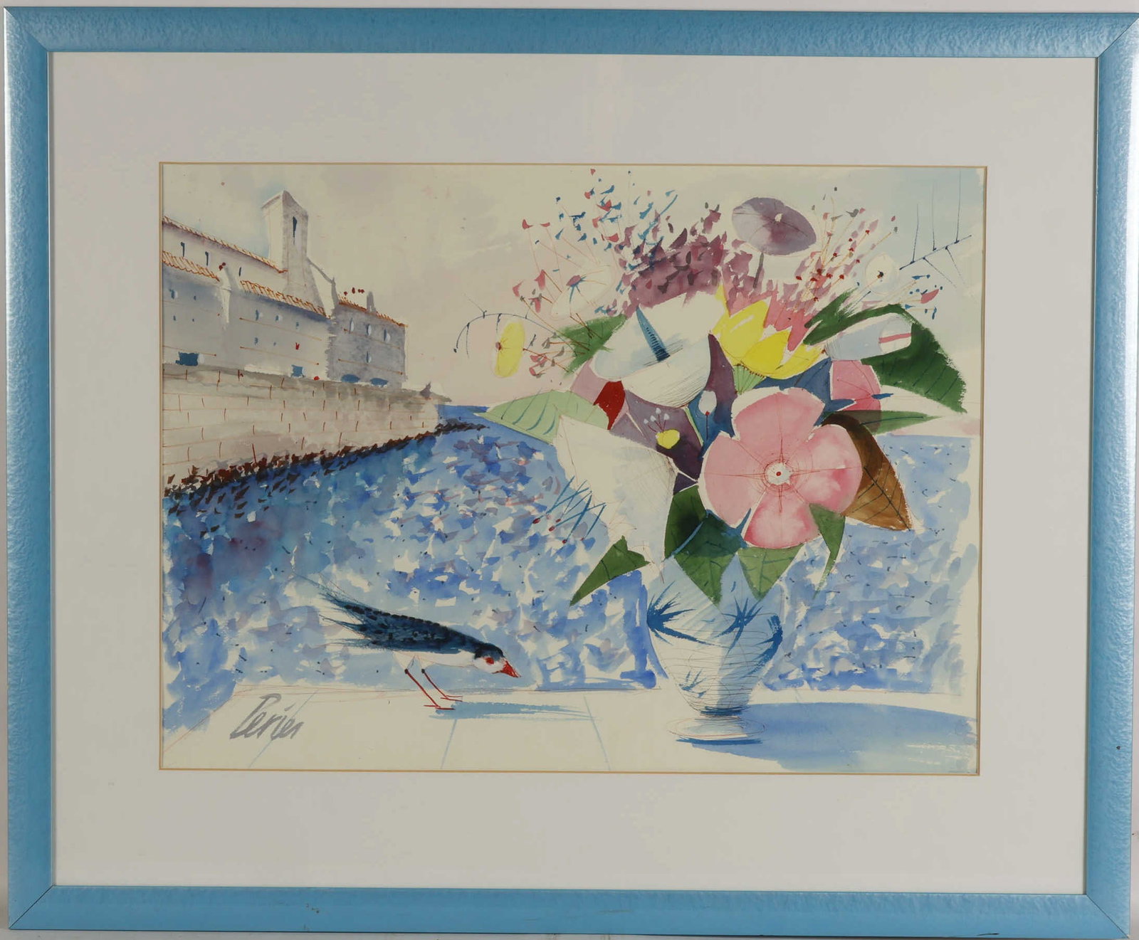 Charles Levier 1920-2003 Flower Vase Watercolor: Charles Levier (American, 1920-2003), watercolor on paper depicting a floral still life featuring a bouquet of stylized blossoms arranged in a decorative vase set before a coastal landscape with archi