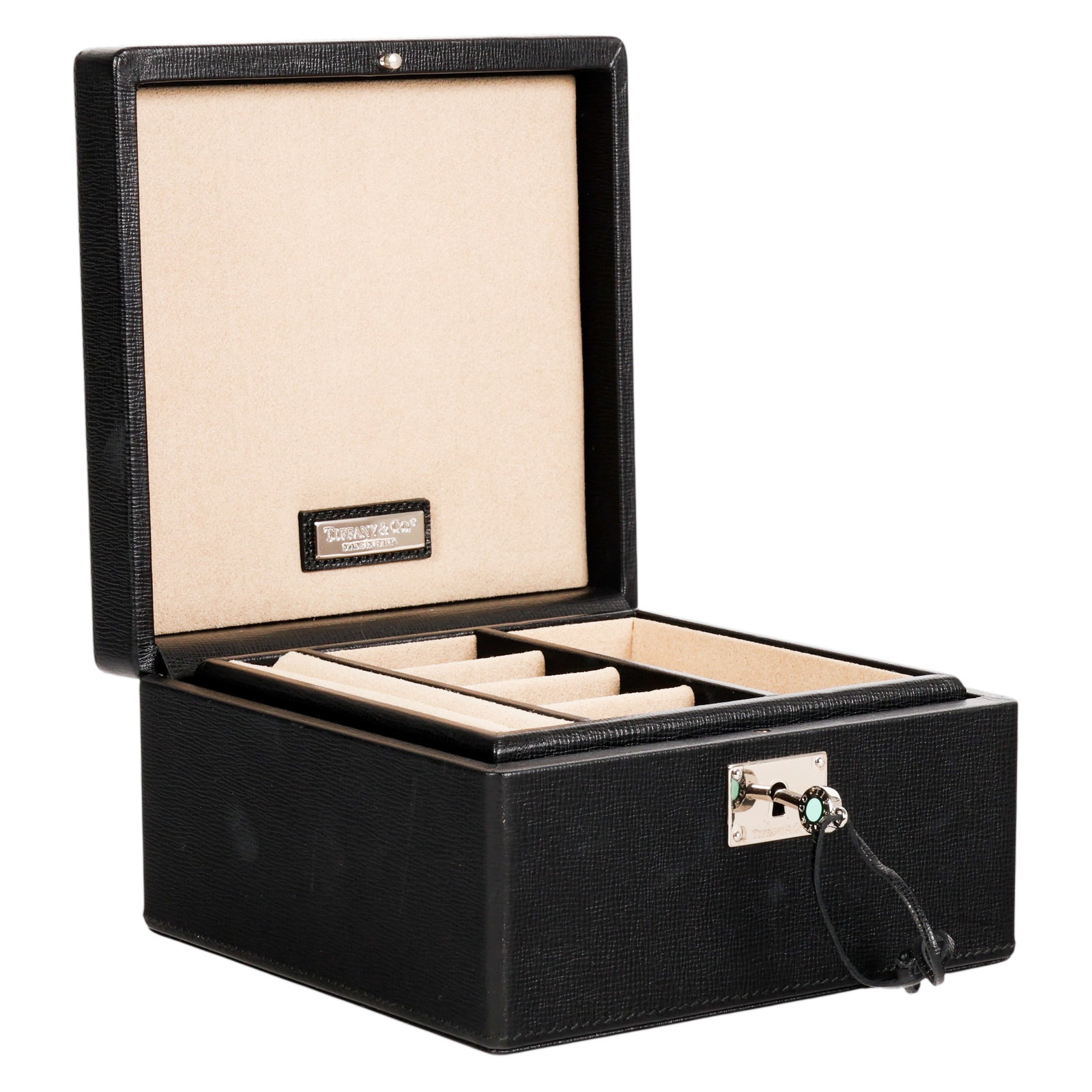 Tiffany & Co Black Leather Jewelry Box with Key: Tiffany & Co. black leather jewelry box featuring a textured leather exterior with silver-tone monogram initials "G.R.M." to the lid. The interior is lined in beige suede-style material with removable
