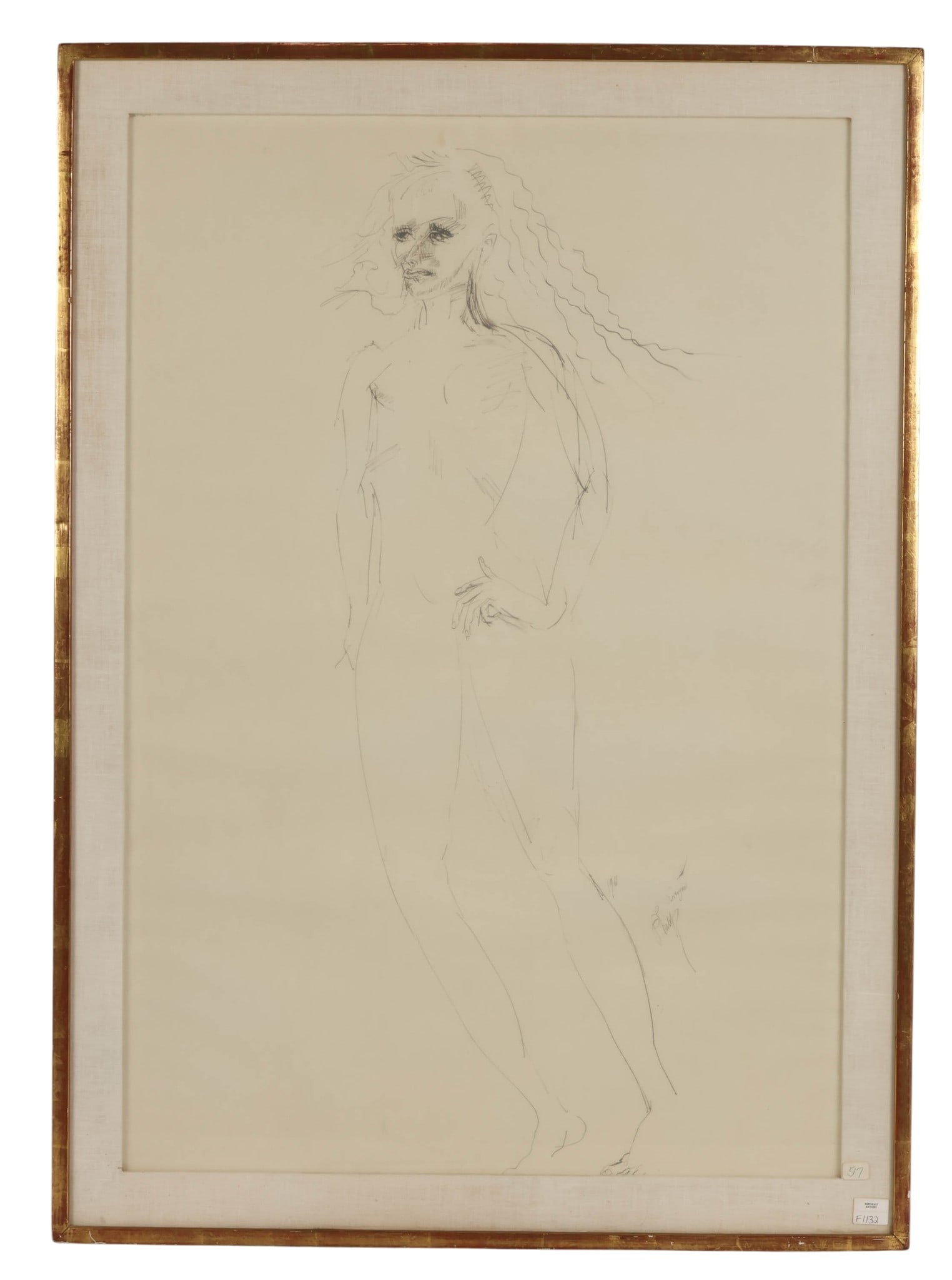 Philip Evergood 1901-1973 Dancing Nude '61 Drawing: Philip Evergood (American, 1901-1973), Dancing Nude, 1961, pencil on paper depicting a standing nude female figure rendered in the artists expressive linear style with energetic sketch-like strokes em