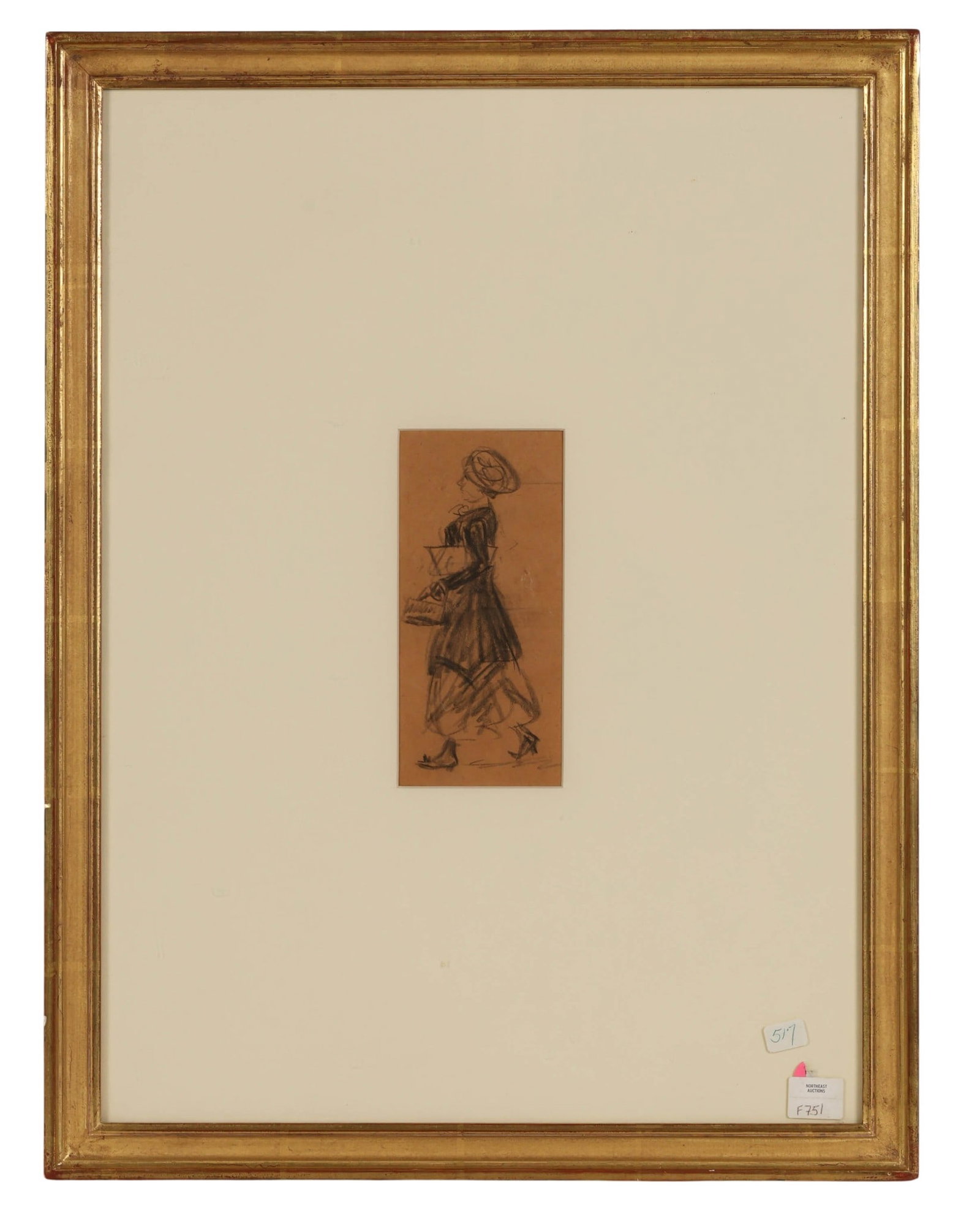 William Glackens 1870-1938 Figure with Bags Study: William James Glackens (American, 1870-1938). Crayon drawing on paper depicting a standing female figure in motion, holding a purse and packages. The composition is rendered with loose, expressive lin