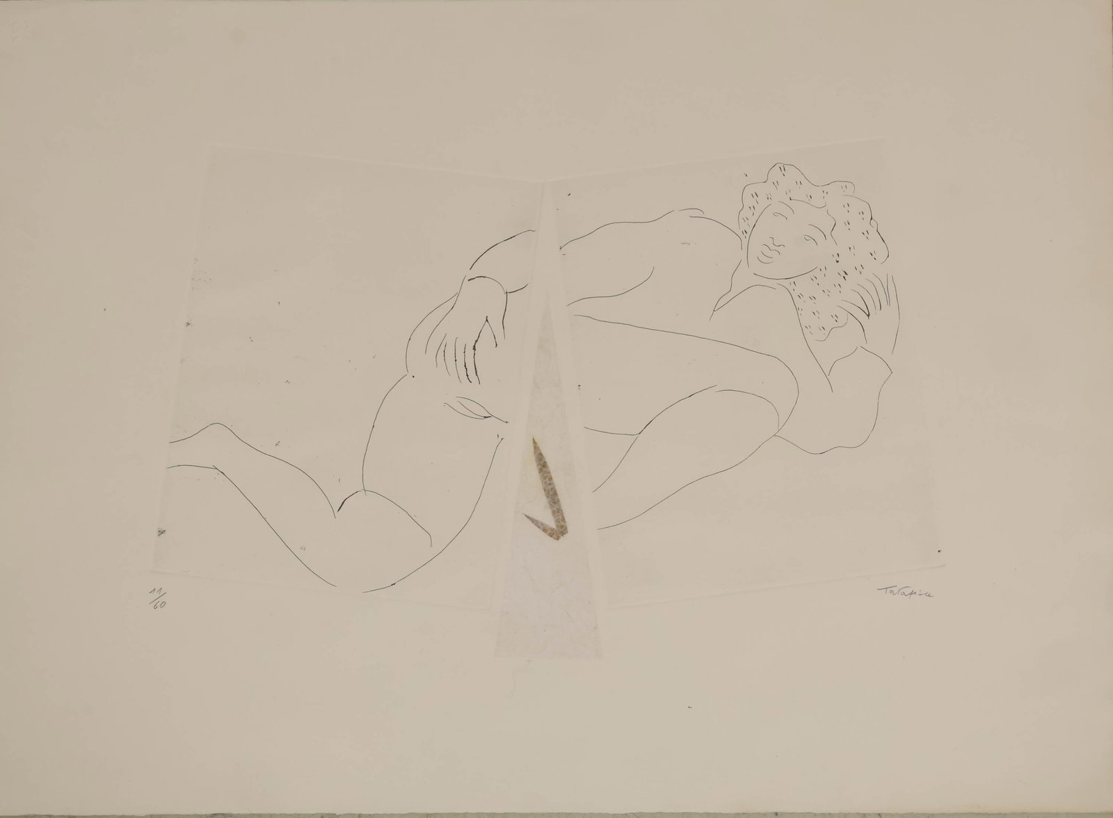 Ernesto Tatafiore b.1943 Nude Cut LE Litho SIGNED: Ernesto Tatafiore (Italian, born 1943), limited edition lithograph on paper depicting a minimalist line drawing of a reclining female nude, rendered in the manner of Henri Matisse. The composition is 