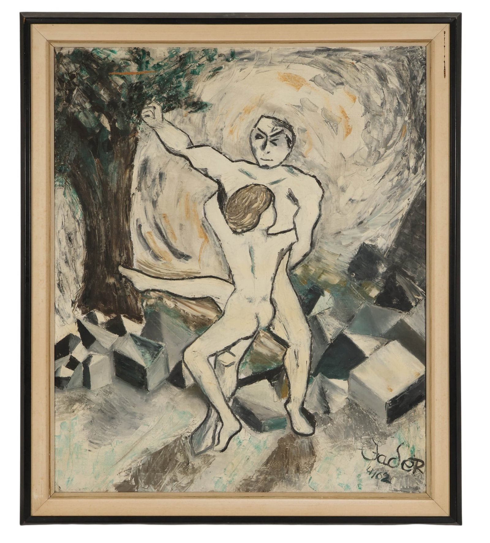 Fader 20C Monochrome Figural Abstract Oil Painting: Fader (20th century), oil on canvas laid on board depicting an abstract figural composition rendered in monochromatic gray and black tones with touches of teal. Composition features reclining nude fig