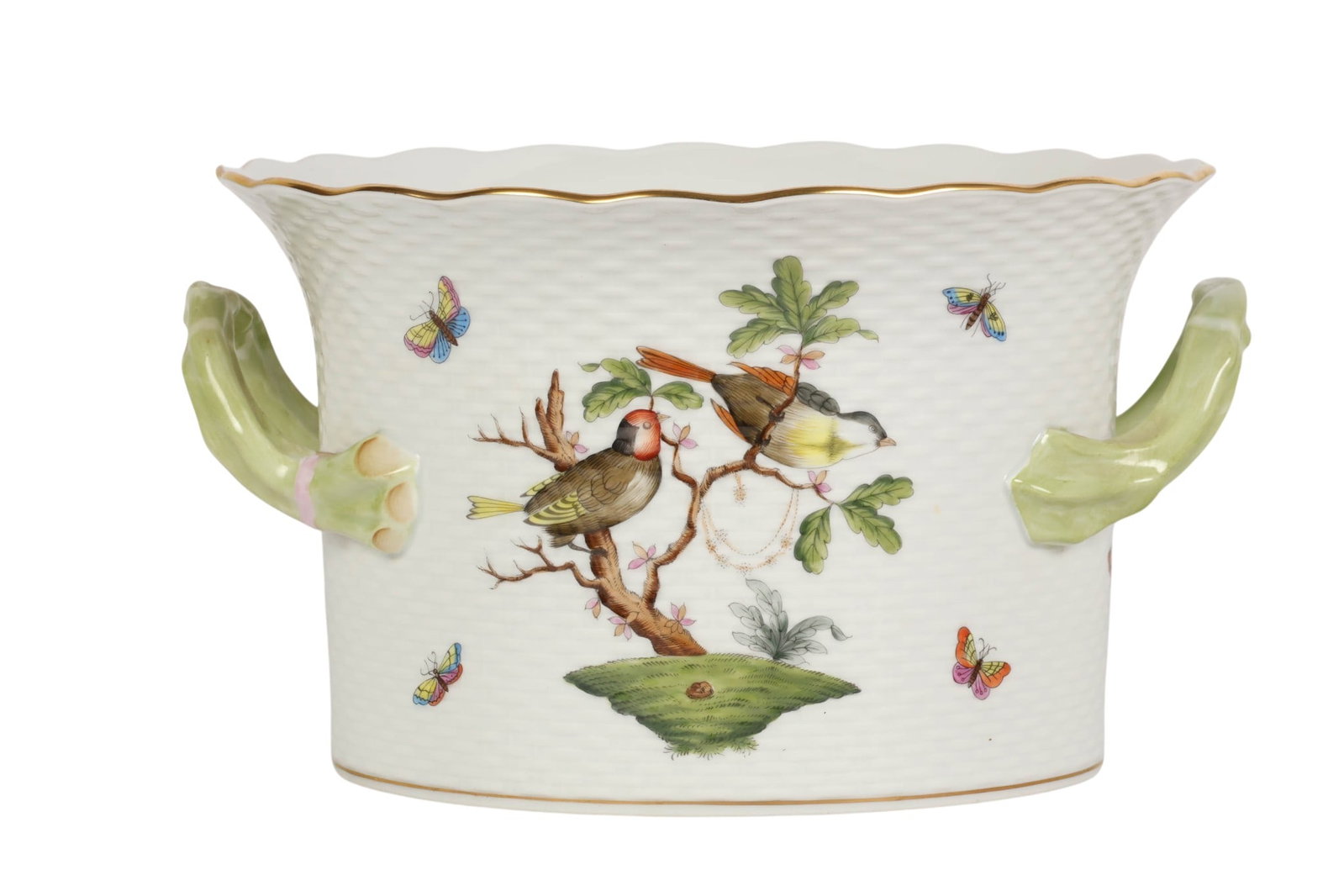 Herend Porcelain Rothschild Ice Bucket Wine Cooler: Herend Hungary hand painted porcelain champagne cooler in the Rothschild pattern. Decorated with colorful songbirds, butterflies, moths, and insects on a textured white basket weave ground. Accented w