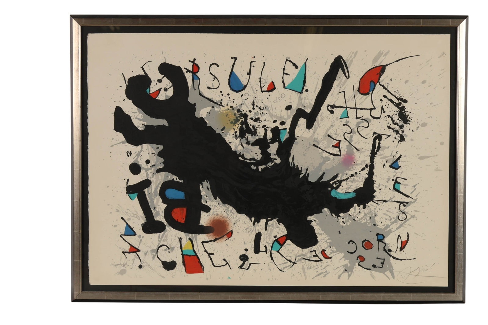Joan Miro 1893-1983 Irsule Hisse Les Litho SIGNED: Joan Miro (Spanish, 1893-1983), Ursule Hisse Les Cornes De La Biche, color lithograph on paper depicting an energetic abstract composition with expressive black gestural forms, floating symbolic eleme