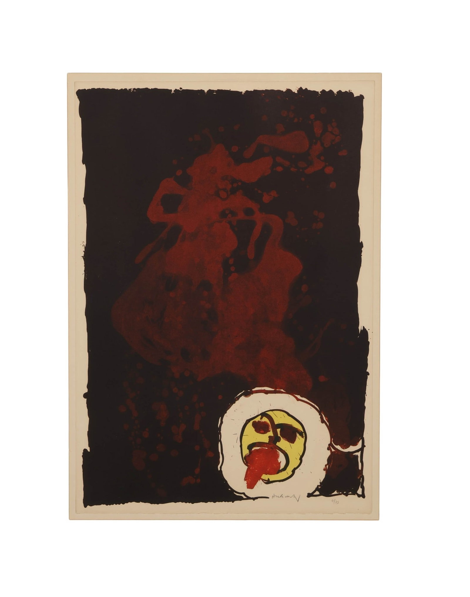 Pierre Alechinsky 1927-1922 Edgar Litho LE SIGNED: Pierre Alechinsky (Belgian, 1927-2022), Edgar, color lithograph on paper featuring an abstract composition with bold organic forms in deep black and red tones accented by a circular yellow and white m