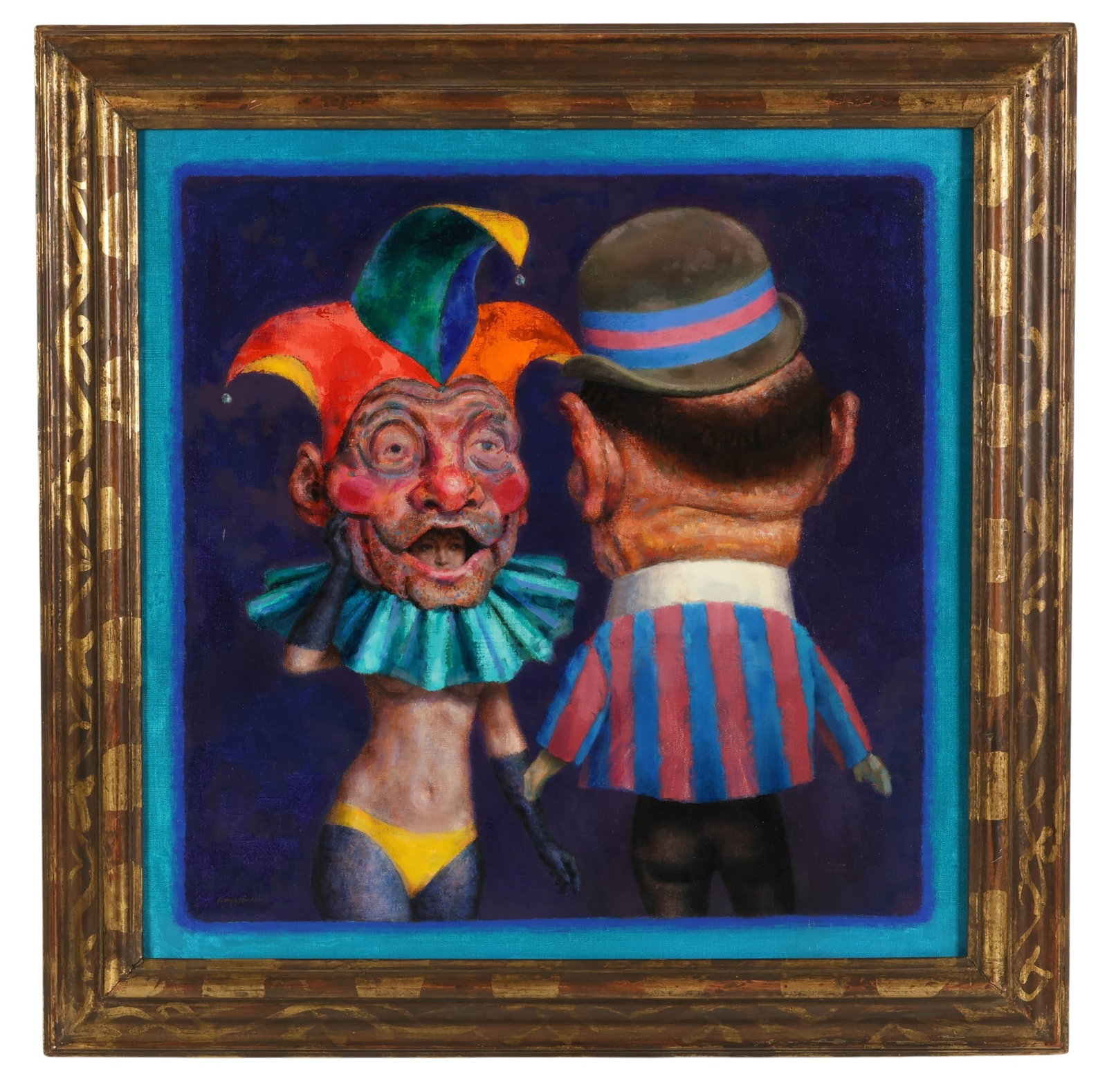Joseph Hirsch 1910-1981 Pagan Fete Jester Painting: Joseph Hirsch (American, 1910-1981), Pagan Fete, 1978, oil on canvas depicting a surreal and theatrical figural scene with two stylized characters rendered in a whimsical, slightly grotesque manner. O