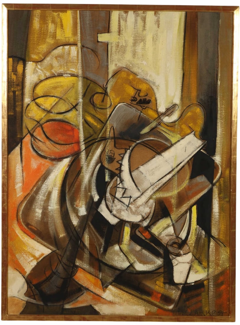 Allan H. Clarke 1919-1979 Record Changer Painting: Allan Hugh Clarke (American, 1919-1979) Record Changer #7, 1954, oil on canvas depicting an abstracted composition of musical instruments rendered in a Cubist-influenced style with bold linear element