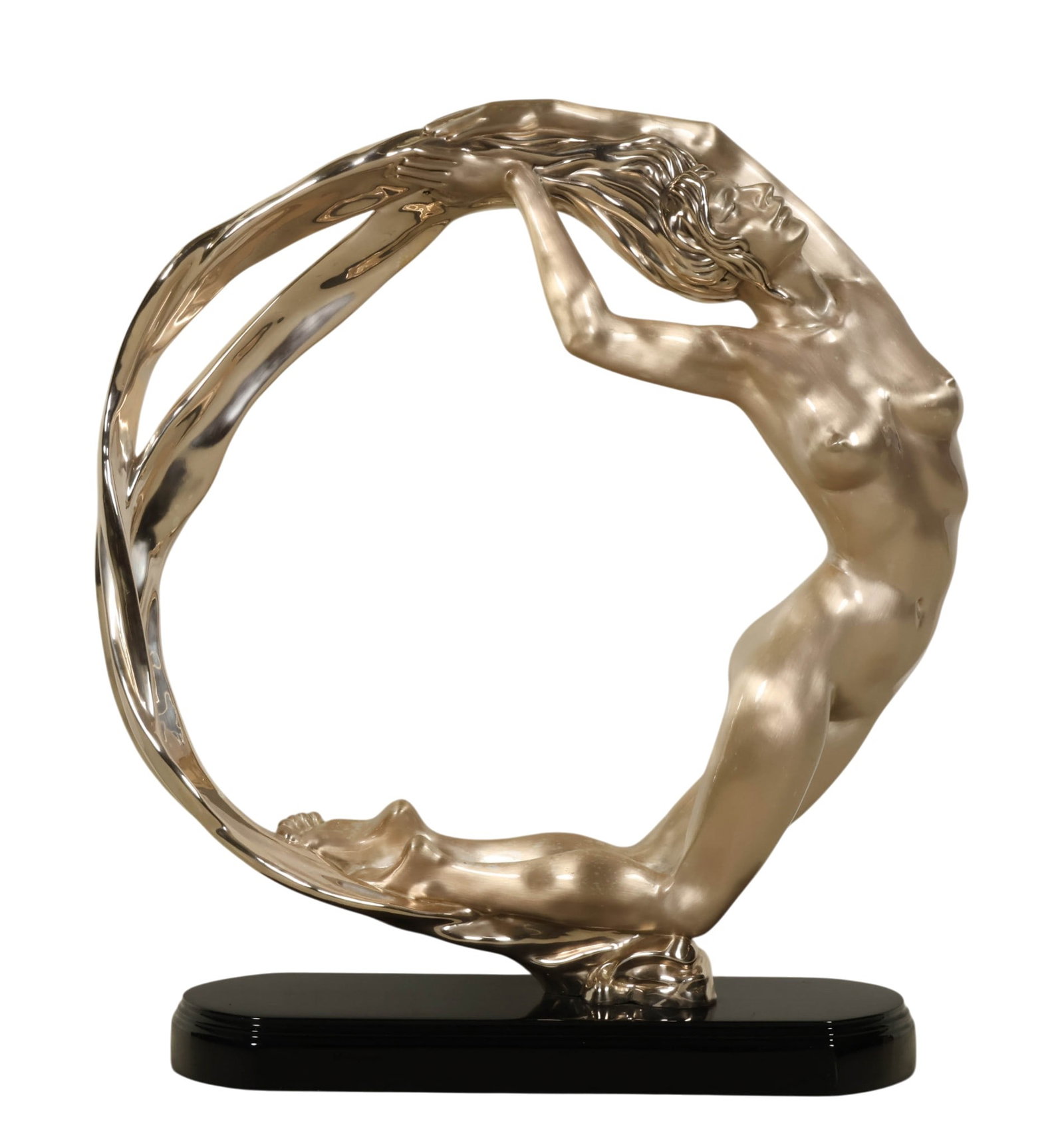 Jolly 1932-2000 for D'Argenta Full Moon Sculpture: Enrique Jolly Prieto (Mexican, 1932-2000) for DArgenta, Full Moon, silvered figural statue depicting a stylized nude female figure posed in an elegant circular composition with flowing hair and an elo