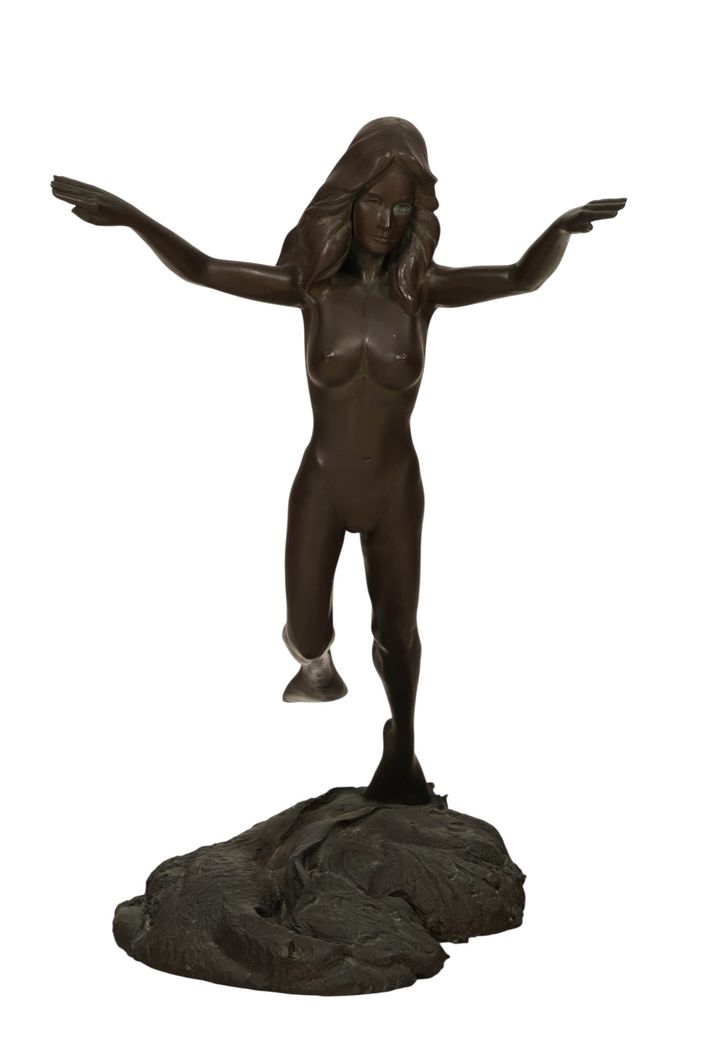 Louis Demartino 20C Bronze "Moment" Nude Sculpture: Louis DeMartino (20th century), bronze sculpture titled Moment, depicting a stylized swimming nude female figure in an elongated forward-reaching pose mounted with flippers on her feet upon a textured