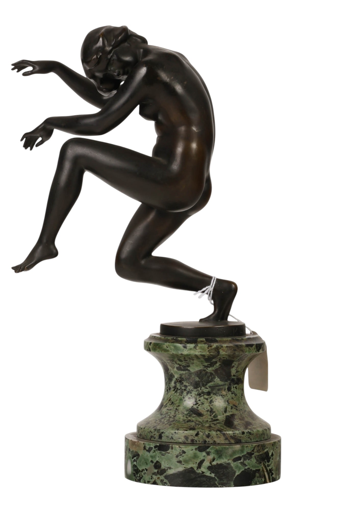 Karl Perl 1876-1965 Bronze Exotic Dancer Sculpture: Karl Perl (Austrian 1876-1965), Art Deco bronze sculpture depicting a dancing nude female figure in a dynamic, expressive pose. The figure is mounted on a polished green variegated marble base. The br