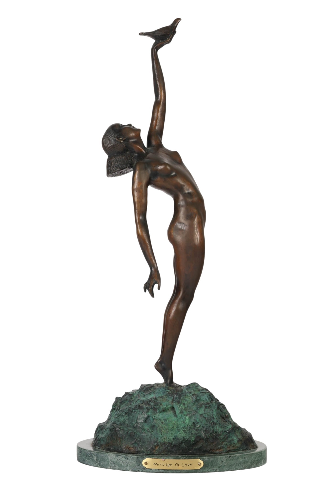 Message of Love Sculpture After Pierre Le Faguays: After Pierre Le Faguays (French,1892-1962), patinated bronze sculpture titled "Message Of Love." The Art Deco style figure depicts a nude female standing atop a naturalistic base with one arm extended