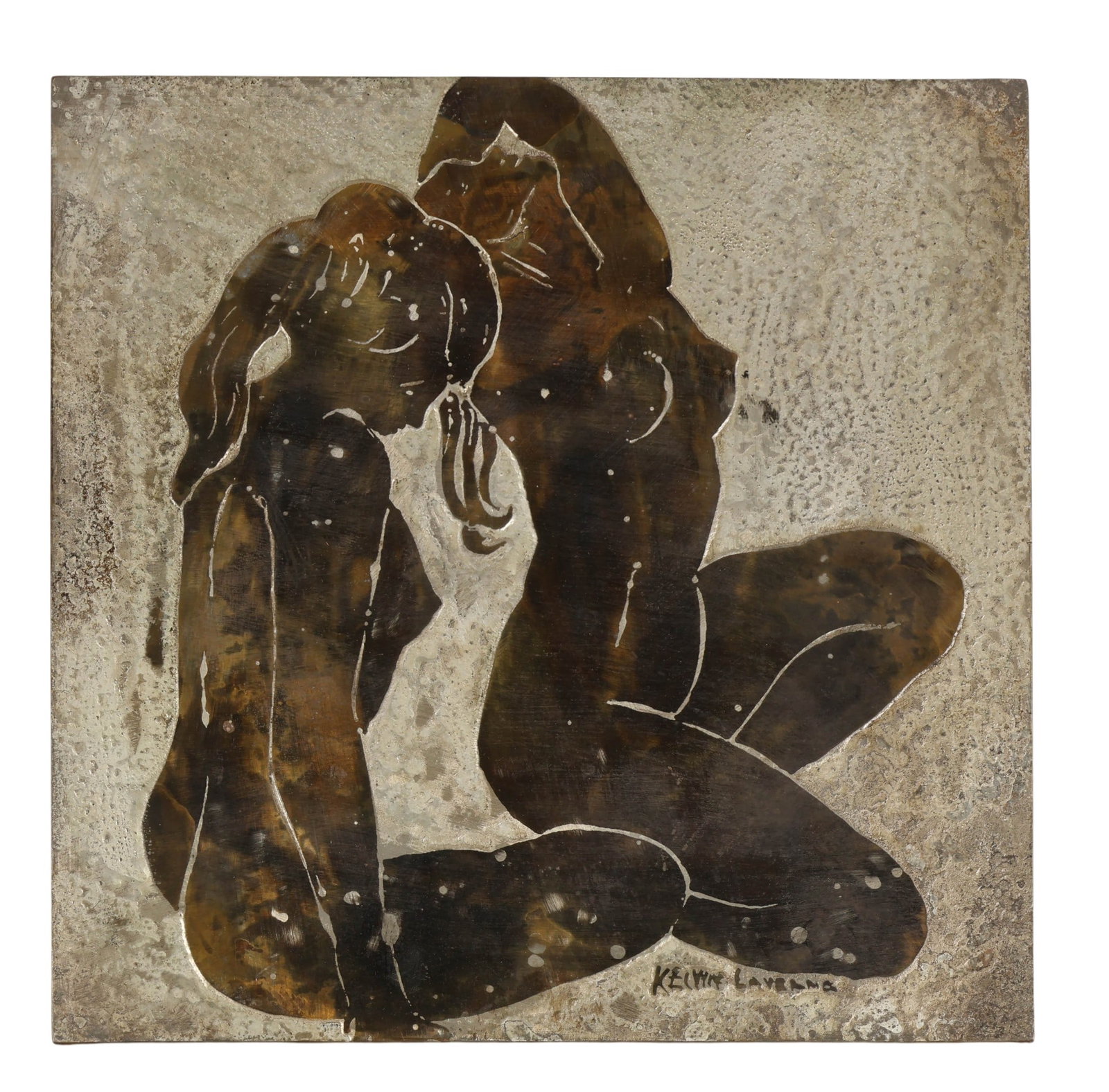 Philip and Kelvin LaVerne "Ecstasy" Bronze Plaque: Philip LaVerne (American, 1907-1987) and Kelvin LaVerne (American, 1937-2018), Ecstasy, patinated bronze and pewter plaque featuring two intimate, stylized nude women rendered in a modernist figural f