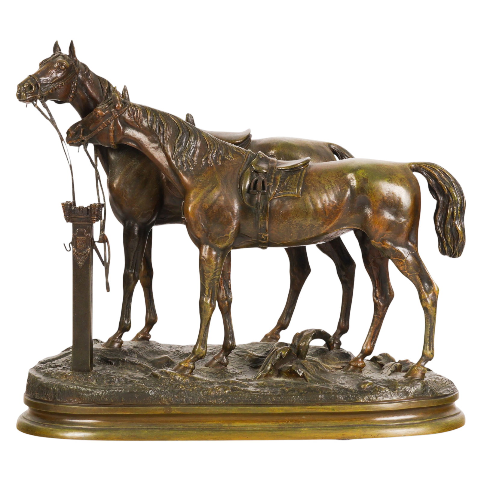 Bronze Double Horse Sculpture after Jules Moigniez: Bronze double horse sculpture after Jules Moigniez (French, 1835-1894), depicting two saddled horses standing beside a hitching post with hanging reins and equestrian tack. The composition is rendered