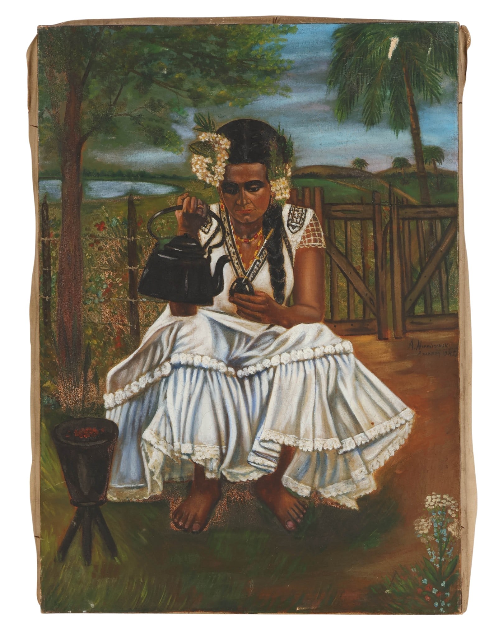 Antique Portrait of Native Girl with Tea Painting: Antique figural oil on canvas depicting a seated woman in traditional attire holding a kettle and cup, set within a lush landscape featuring palm trees, fencing, and a distant body of water. The figur
