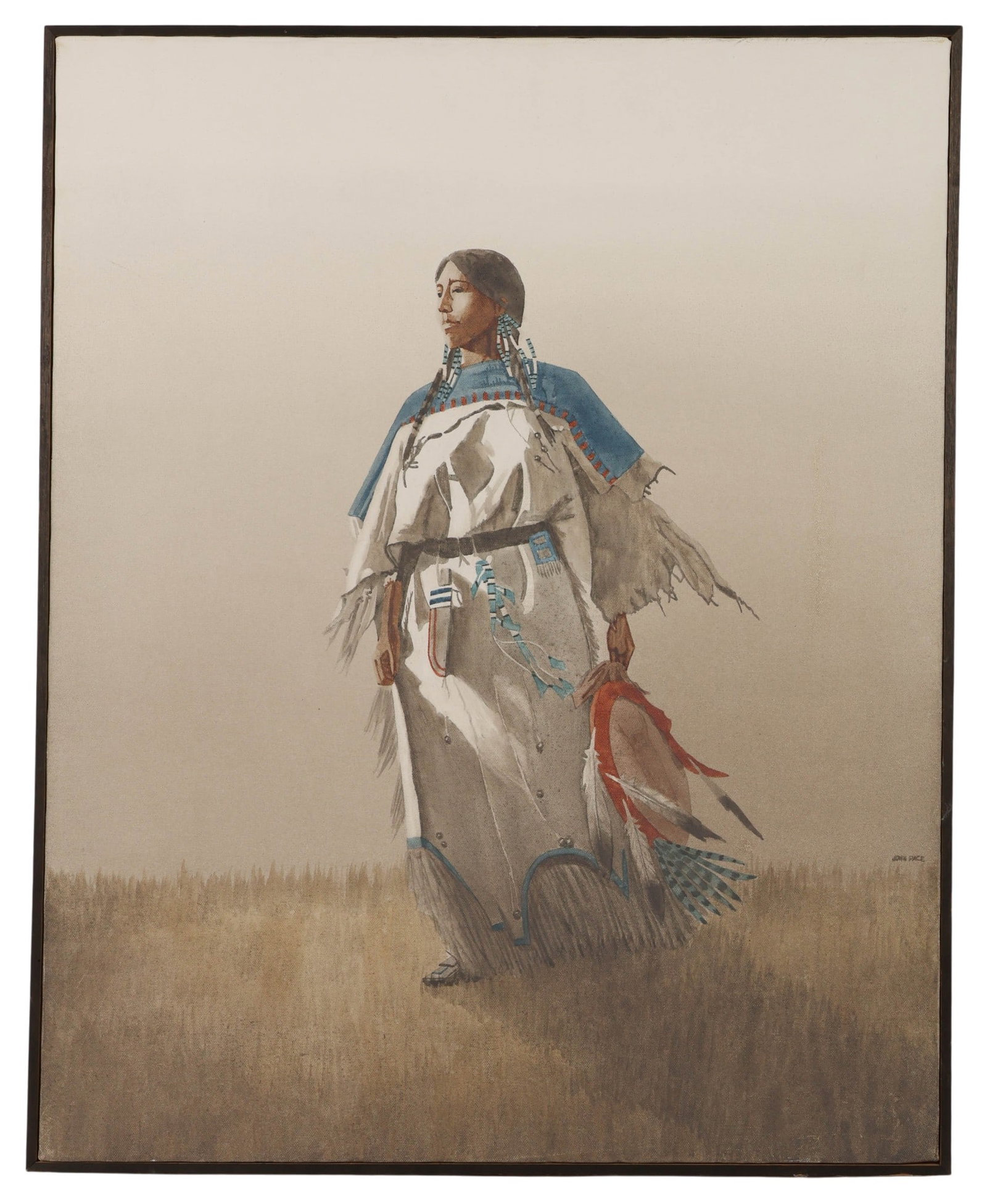 John Pace 1930-2006 American Indian Girl Painting: John Pace (American, 1930-2006), watercolor on canvas depicting a Native American woman standing in an open grassy landscape wearing traditional attire with blue accents, beadwork, and feather element