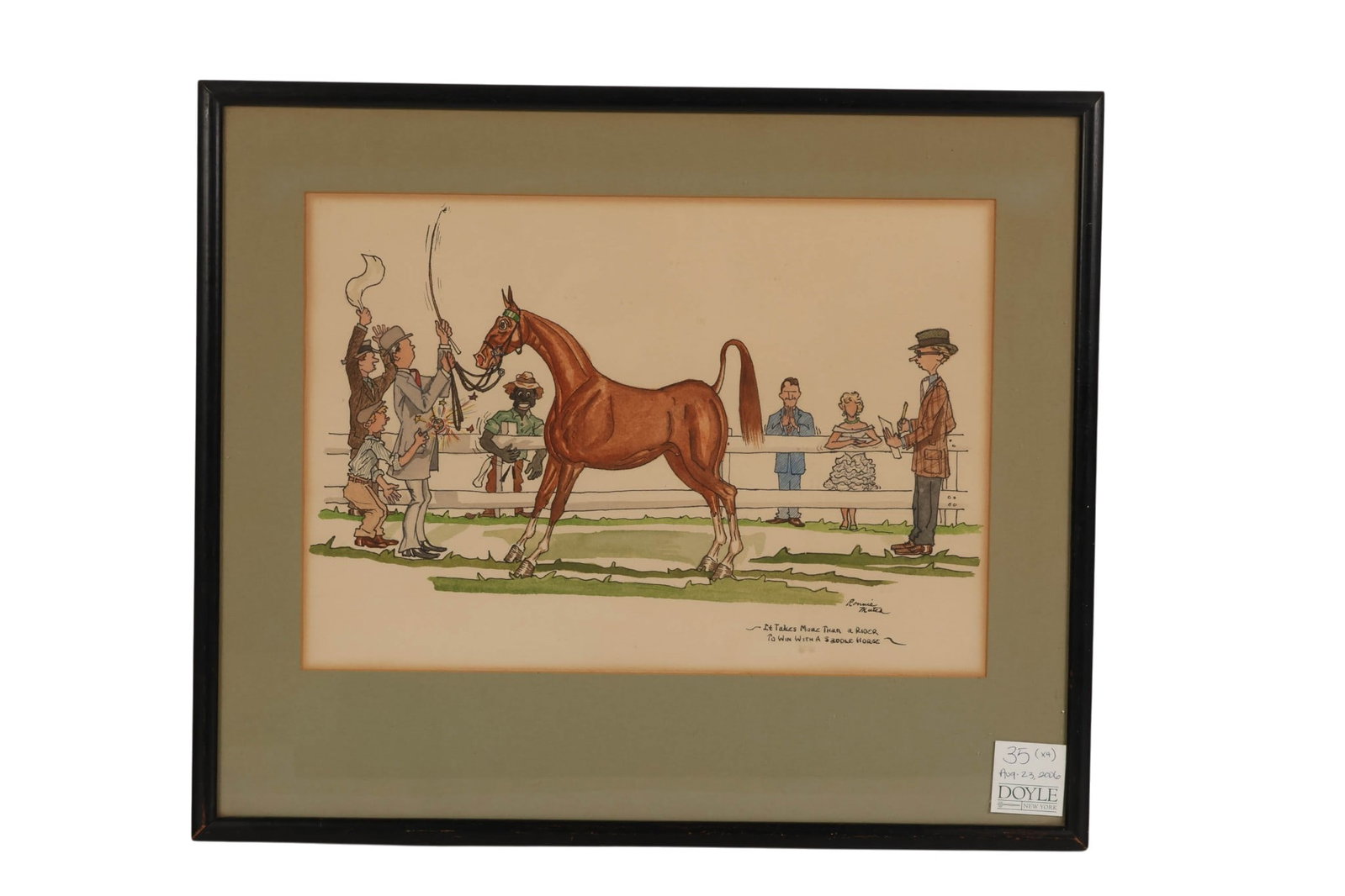 Ronnie Mutch 20C Horse Racing Illustration SIGNED: Ronnie Mutch (American, 20th century), illustration on paper depicting a lively horse racing paddock or auction scene with handlers, spectators, and a saddled horse at center. Rendered in a humorous c
