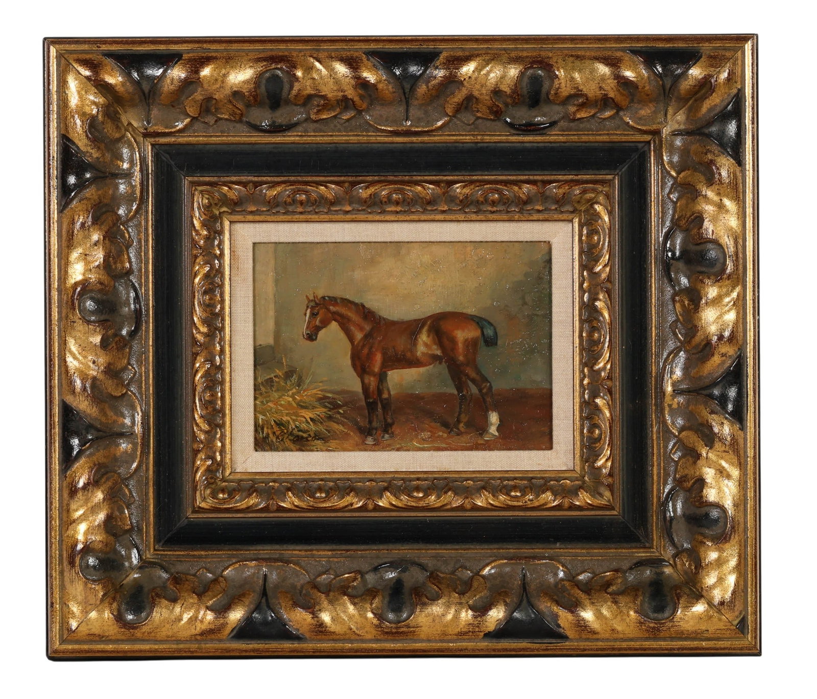 Antique English Style Horse Portrait Oil Painting: Antique English-style oil painting on board depicting a standing brown horse in an interior stable setting beside hay. The composition features expressive brushwork and warm earthy tones. An indistinc