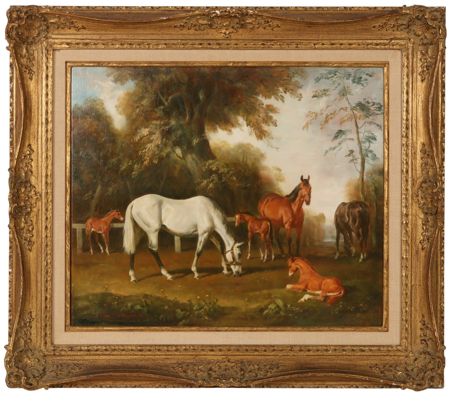 Raoul Millais 1901-1999 Mares & Foals Oil Painting: Raoul Millais (British, 1901-1999), Mares and Foals, oil painting on canvas depicting an elegant pastoral equestrian scene with several horses and foals gathered within a wooded landscape, rendered in