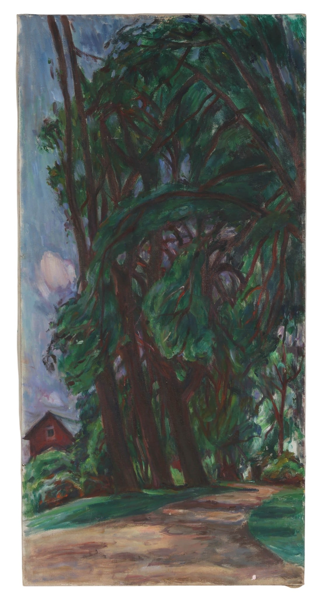 Louis Ritman 1889-1963 The Tall Ones Tree Painting: Louis Ritman (American, 1889-1963), The Tall Ones, oil on canvas depicting a lush landscape with towering trees forming a dense canopy over a winding path with a small structure visible in the backgro