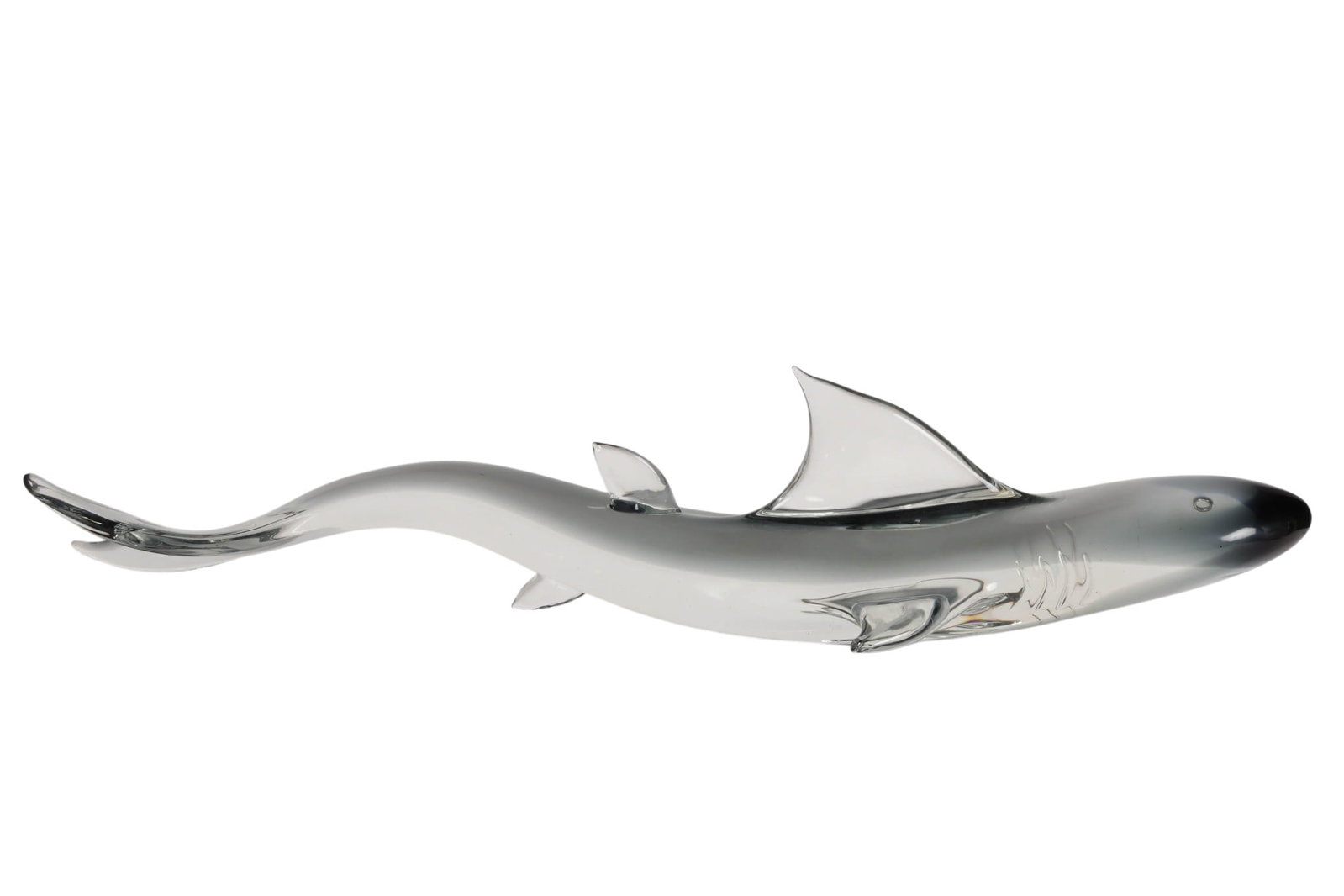 Elio Raffaeli b.1936 Murano Glass Shark Sculpture: Elio Raffaeli (Italian, born 1936), Murano glass shark sculpture featuring an elongated streamlined form, executed in smoked and clear blown glass with sculpted fins and detailed gill lines. The shark