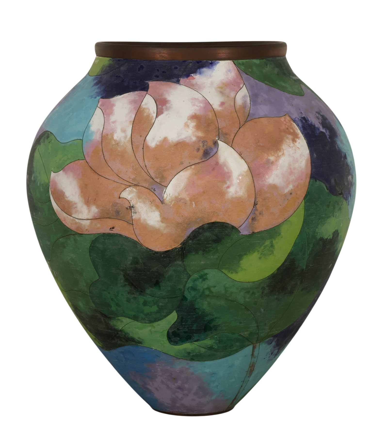 French Style Opaque Copper & Cloisonne Floor Vase: Antique French-style cloisonne decorative floor vase featuring a rounded bulbous form with a wide mouth and floral motifs rendered in opaque tones of blue, green, pink, yellow, and black. XRF analysis