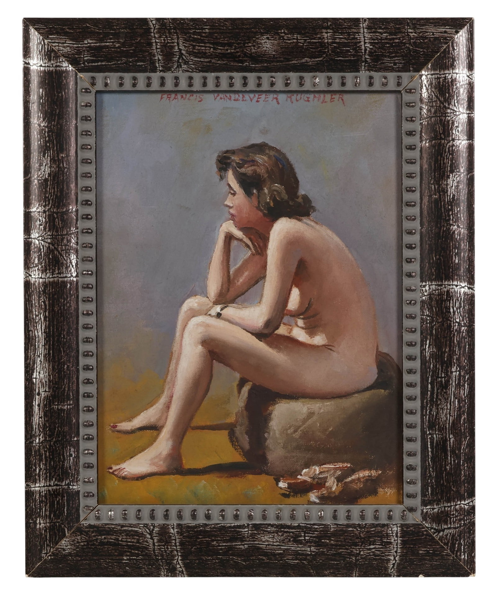 Francis Vandeveer Kughler 1901-1970 Nude Painting: Francis Vandeveer Kughler (American, 1901-1970), painting on wood panel depicting a seated female nude figure in a contemplative pose. Composition presents the figure seated on a cushioned surface wit