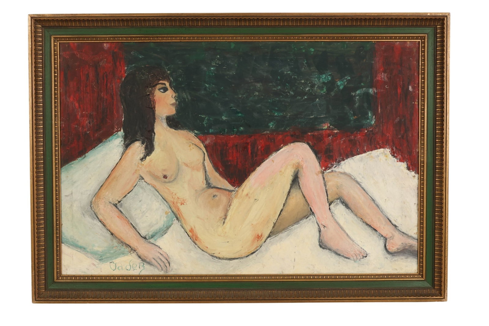 Fader 20C Abstract Nude Female Figure Oil Painting: Fader (20th century), oil painting on board depicting a reclining female nude within a stylized interior featuring deep red drapery and a dark background. Rendered in an expressive somewhat naive styl