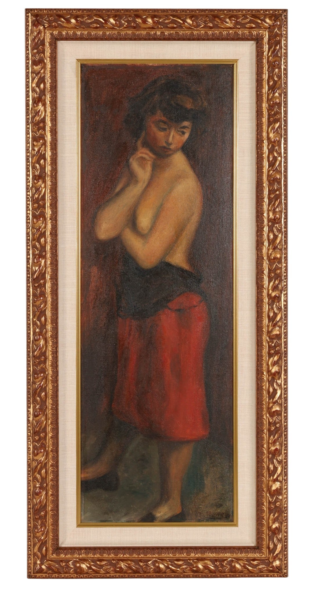 Charles Hawes 1909-1998 Female Nude Oil Painting: Charles Hawes (American, 1909-1998), oil on canvas board depicting a standing female nude figure partially draped in a dark bodice and red skirt against a warm muted background. Composition rendered i