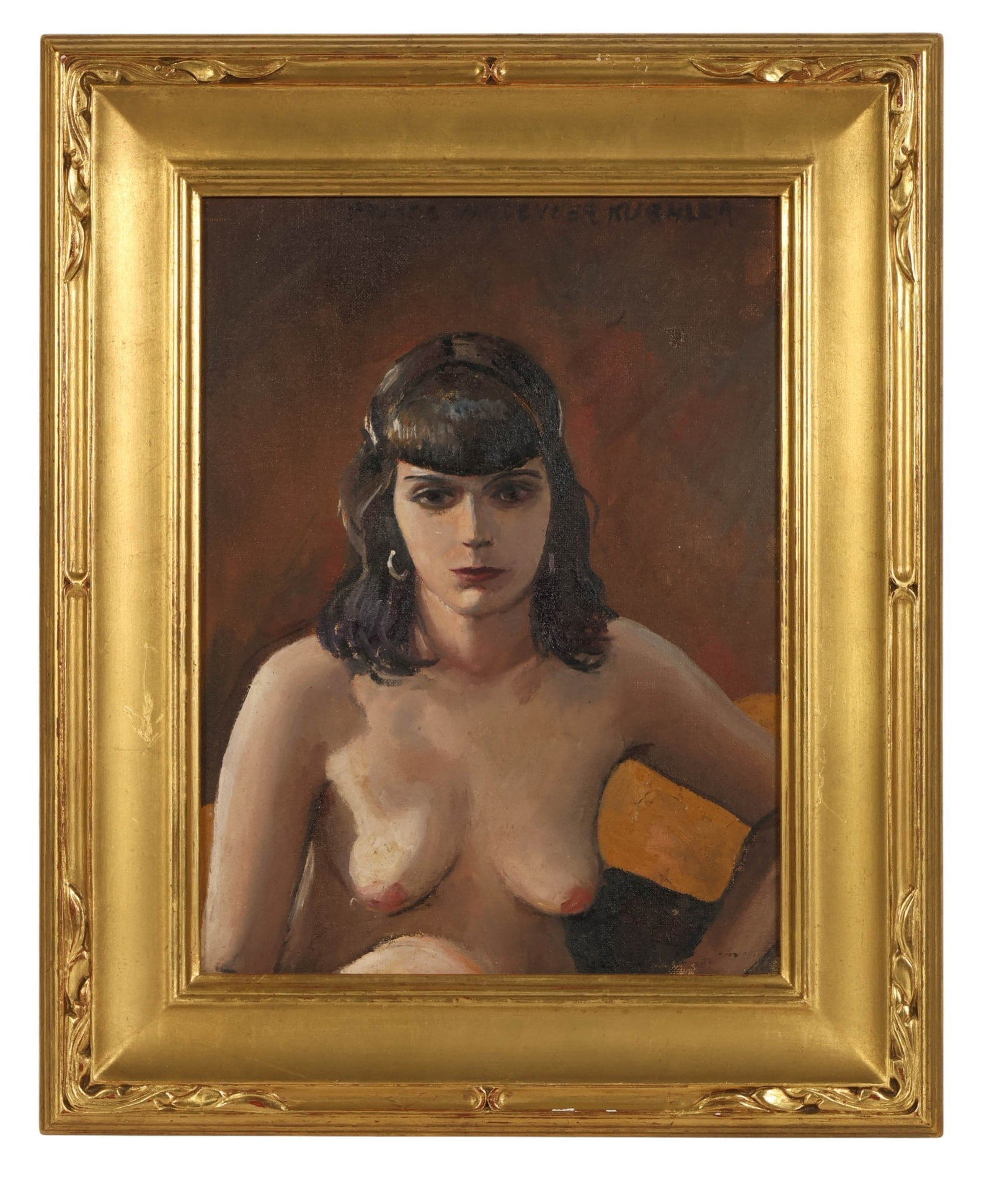 Francis Vandeveer Kughler 1901-1970 Nude Painting: Francis Vandeveer Kughler (American, 1901-1970), oil painting on wood board depicting a seated female nude portrait. The composition presents a frontal figure with dark hair and a stylized, softly mod