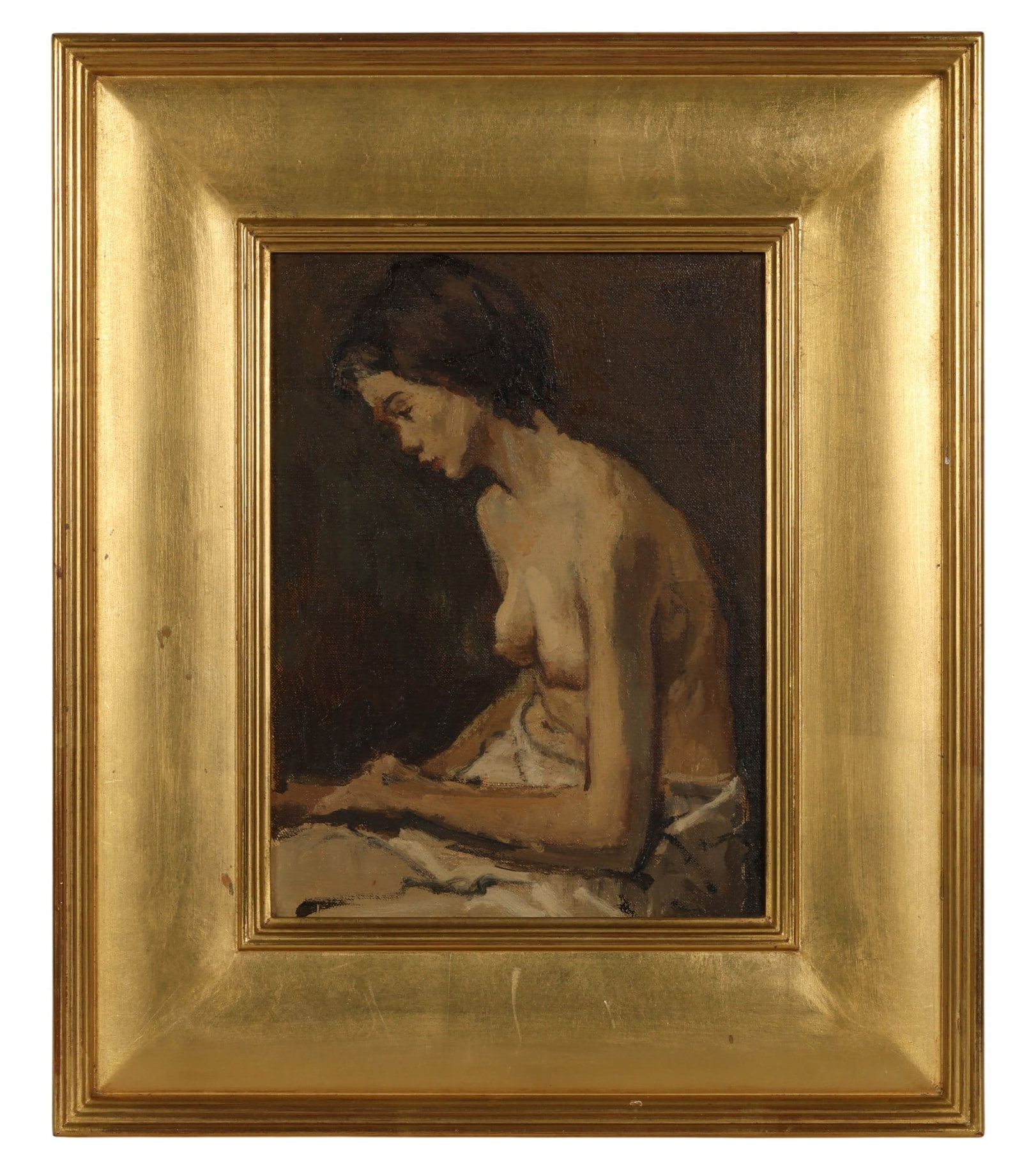 Moses Soyer 1899-1974 Nude Woman Portrait Painting: Moses Soyer (American, 1899-1974), oil on canvas depicting a seated female nude in profile. Composition reflects the artists figurative style with soft modeling and a muted tonal palette emphasizing f