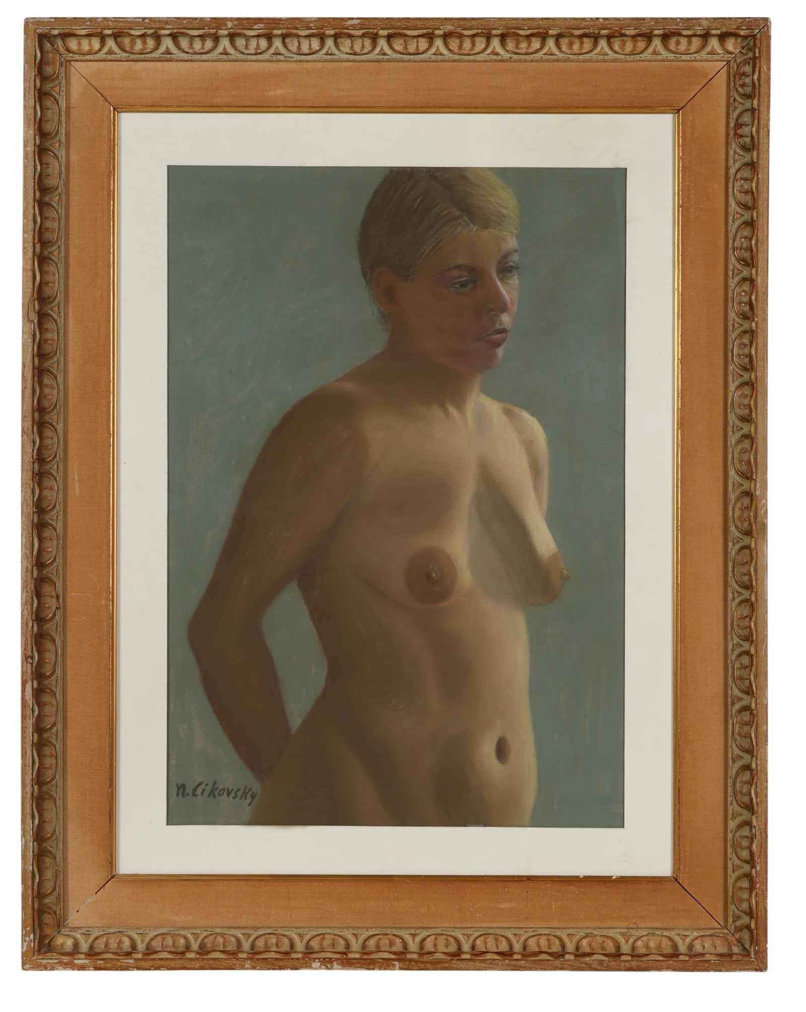 Nicolai Cikovsky 1894-1984 Female Nude Pastel: Nicolai Cikovsky (Russian/American, 1894-1984) pastel on paper depicting a standing female nude figure rendered in a soft, naturalistic style. The composition features delicate modeling and subtle ton