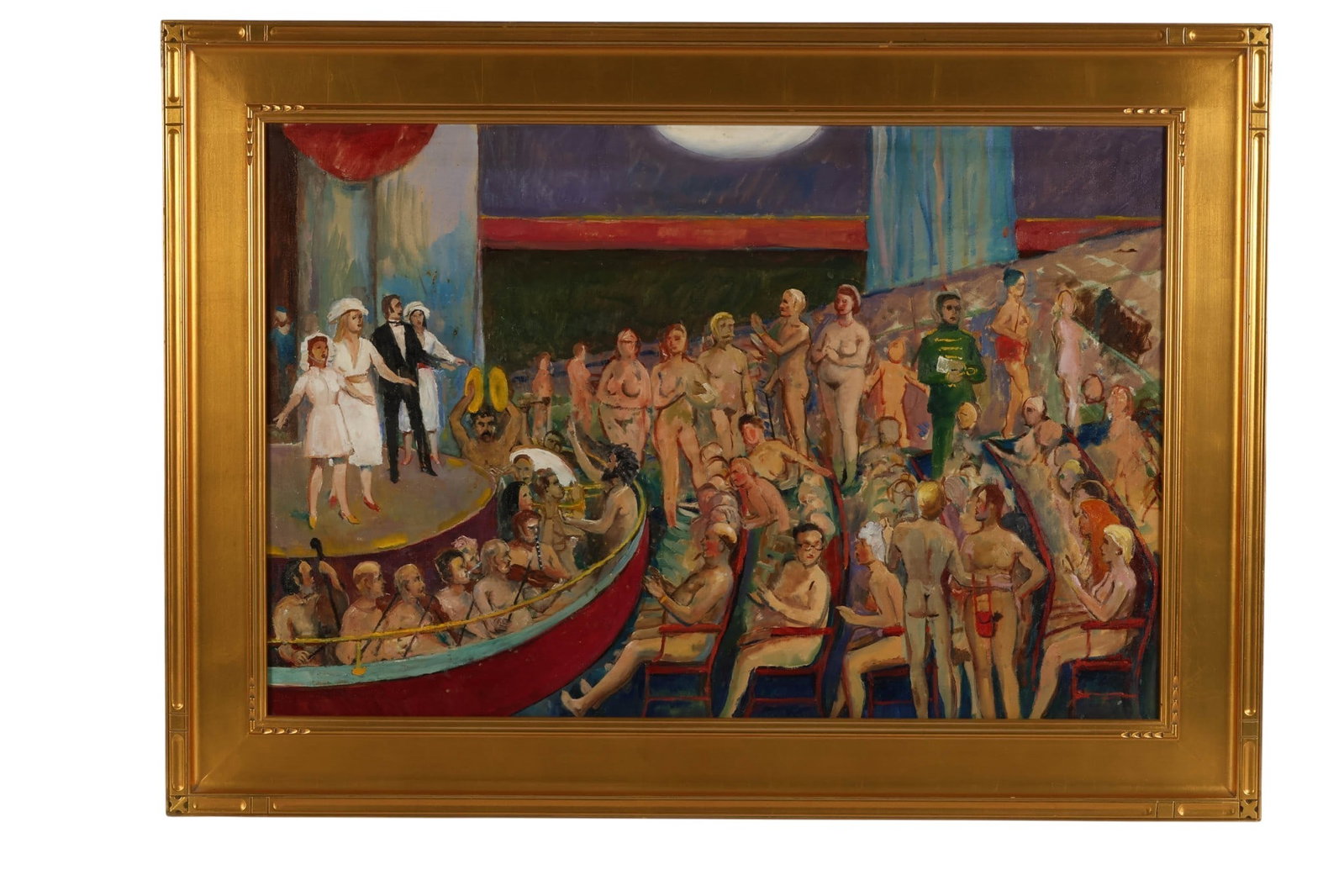 Nudist Retreat Theatre Scene Figural Oil Painting: Antique oil painting on canvas depicting a lively and expressive theatre performance scene rendered in a modernist style. The composition features a stage with costumed performers at left, while a nud