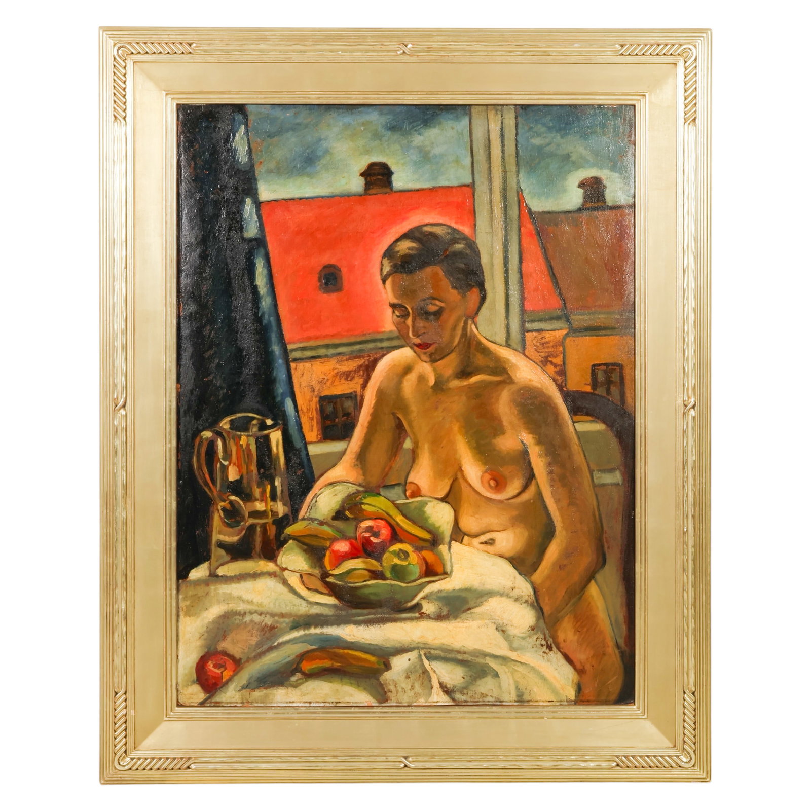 Figural Interior Painting after Suzanne Valadon: Oil painting on board executed after Suzanne Valadon (French, 1865-1938), depicting a seated nude female figure at a table with a still life arrangement of fruit and a pitcher. The composition reflect