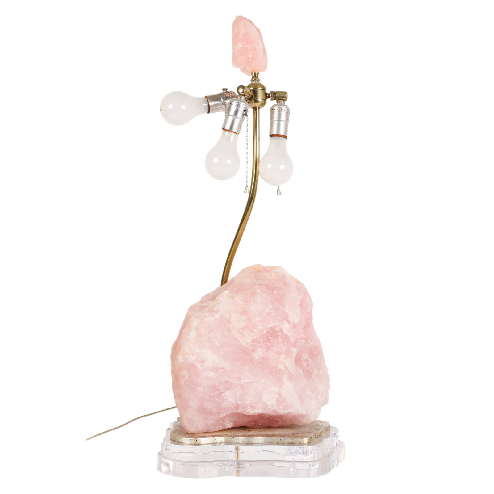 Vintage Natural Rose Quartz Crystal Gemstone Lamp: Vintage organic rose quartz gemstone table lamp featuring a substantial natural rose quartz crystal specimen mounted on a clear acrylic base with chrome-tone fittings. The lamp is fitted with two ligh