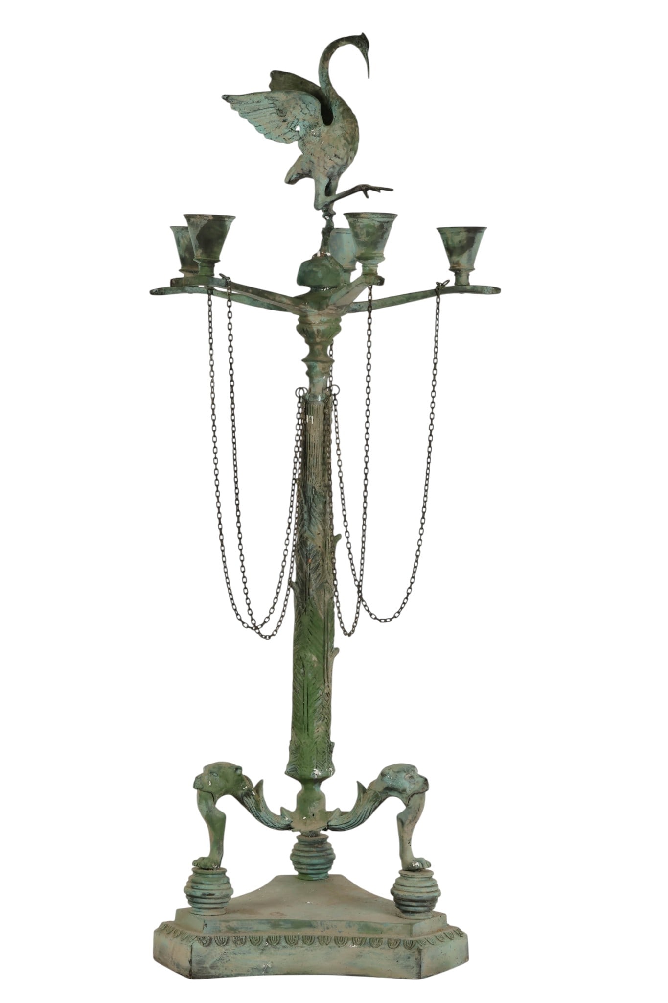 Classical Style Verdigris Bronze Crane Candelabra: Roman Neoclassical style bronze five-light candelabra featuring a figural crane standing atop a central sphere, surrounded by five scrolling arms terminating in candle cups. The columnar standard is a