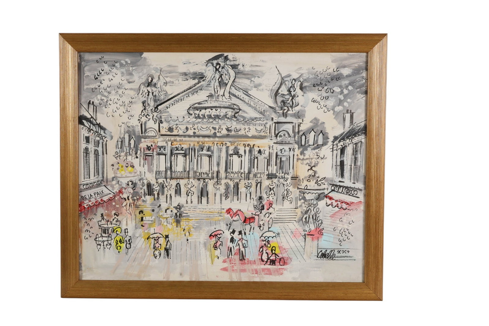 Charles Cobelle 1902-1998 Opera Cityscape Painting: Charles Cobelle (French-American, 1902-1998), oil on canvas depicting a Paris Opera House cityscape centered on the grand Palais Garnier, featuring an animated street scene with figures, a horse-drawn