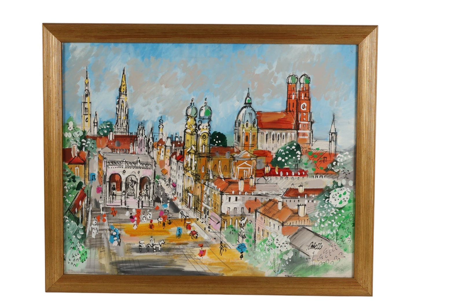 Charles Cobelle 1902-1998 Paris Cityscape Painting: Charles Cobelle (French-American, 1902-1998), oil on canvas depicting a European Paris cityscape featuring a grand architectural square with churches, domes, and towers alongside a triumphal arch and 