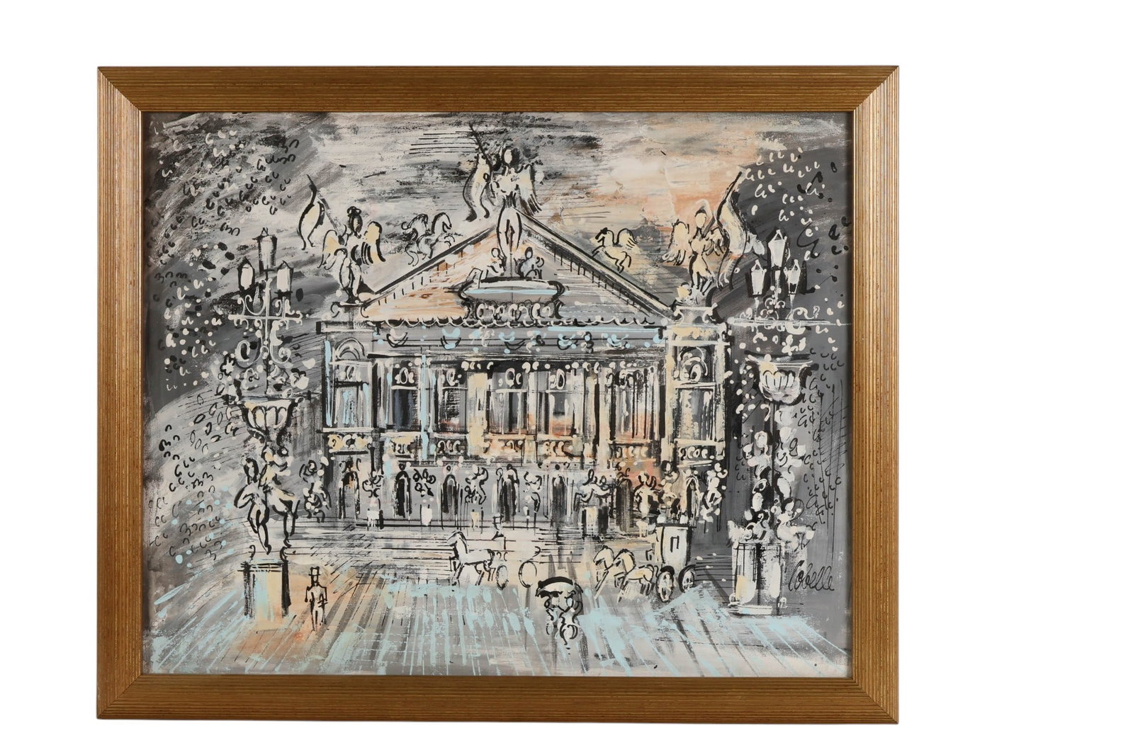 Charles Cobelle 1902-1998 Opera House Oil Painting: Charles Cobelle (French-American, 1902-1998), oil on canvas depicting the grand facade of the Palais Garnier with figures, a horse-drawn carriage, and street activity, rendered in an expressive Impres